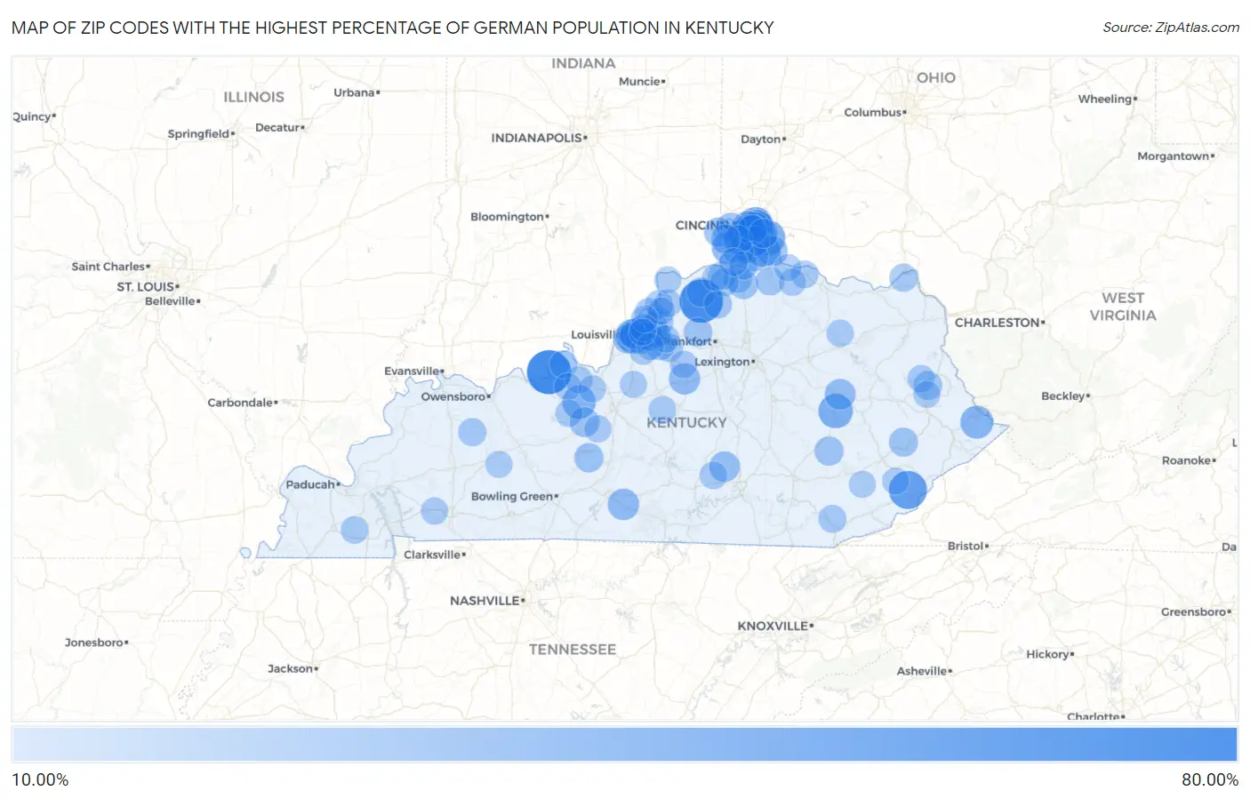 Zip Codes with the Highest Percentage of German Population in Kentucky Map