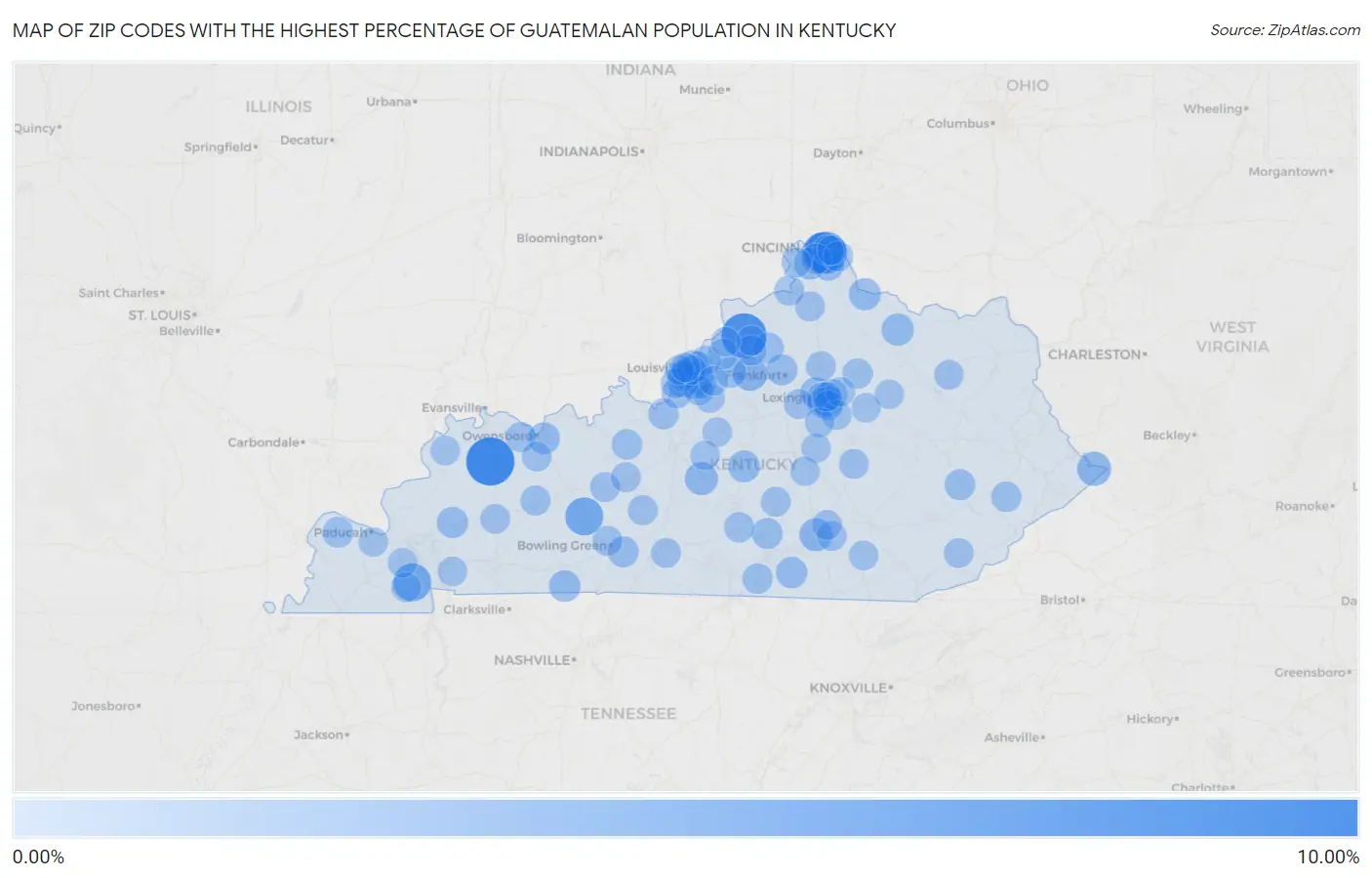 Zip Codes with the Highest Percentage of Guatemalan Population in Kentucky Map