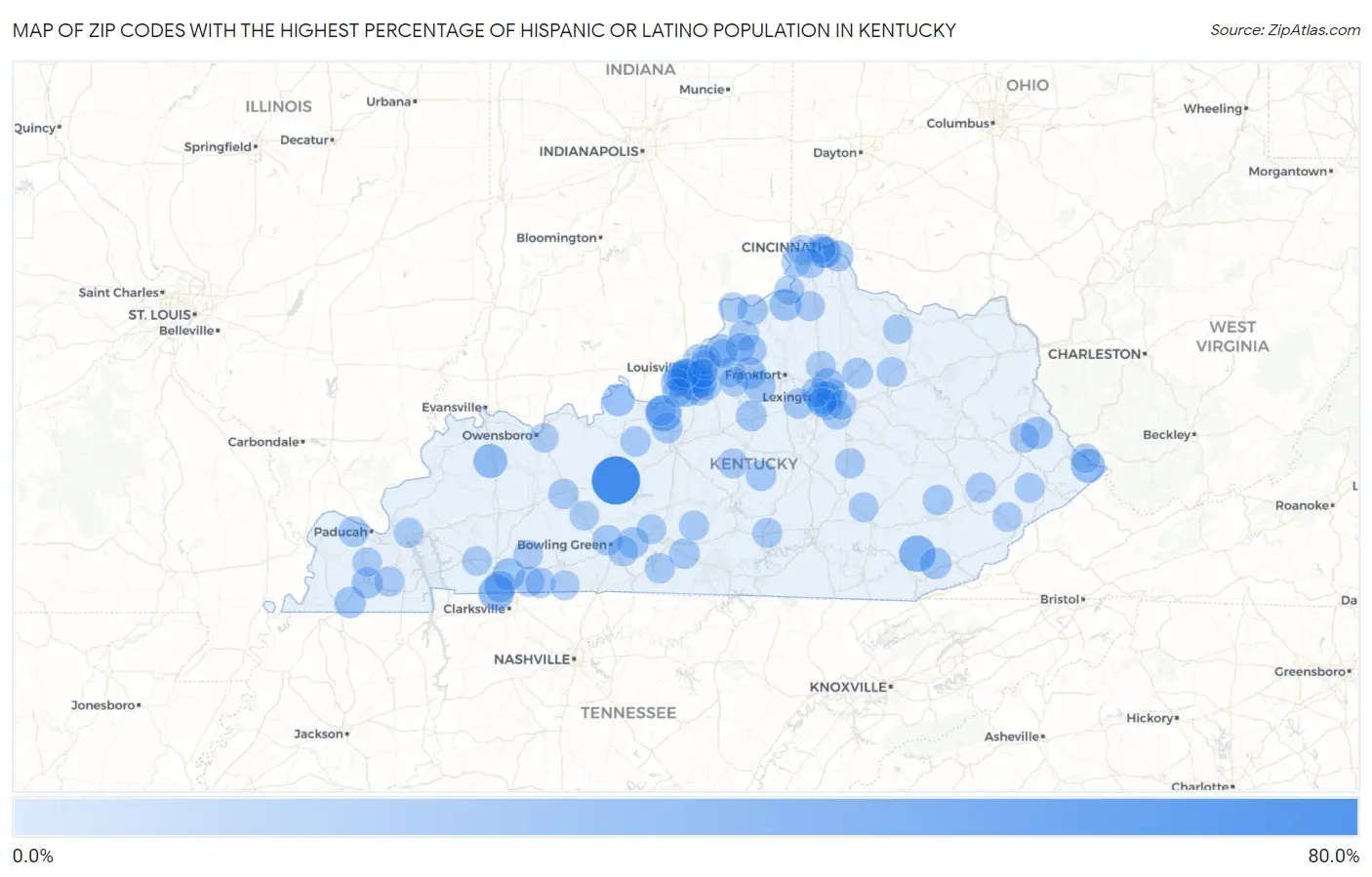 Zip Codes with the Highest Percentage of Hispanic or Latino Population in Kentucky Map