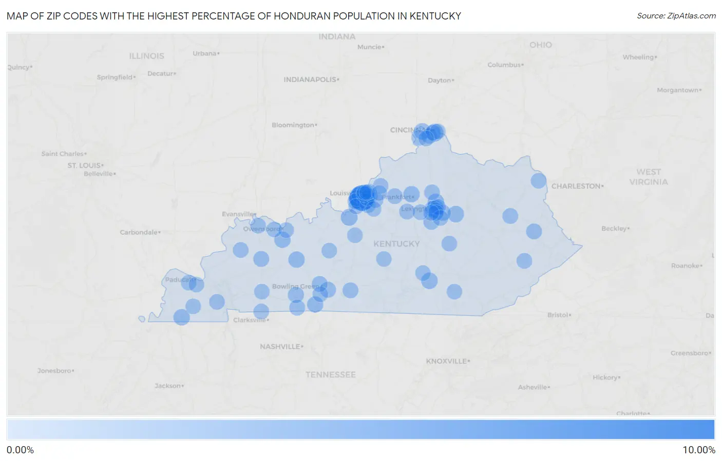 Zip Codes with the Highest Percentage of Honduran Population in Kentucky Map