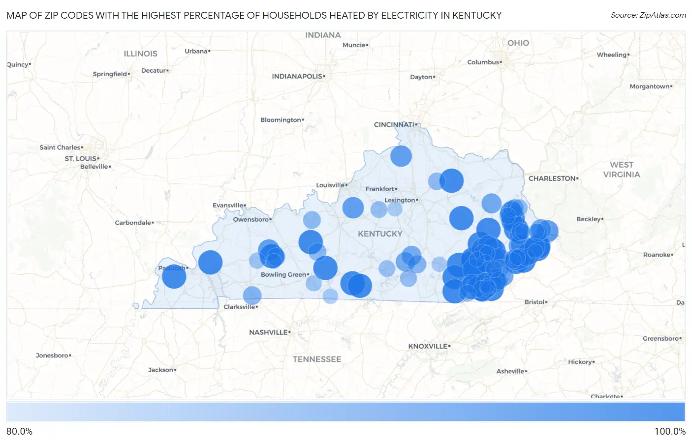 Zip Codes with the Highest Percentage of Households Heated by Electricity in Kentucky Map