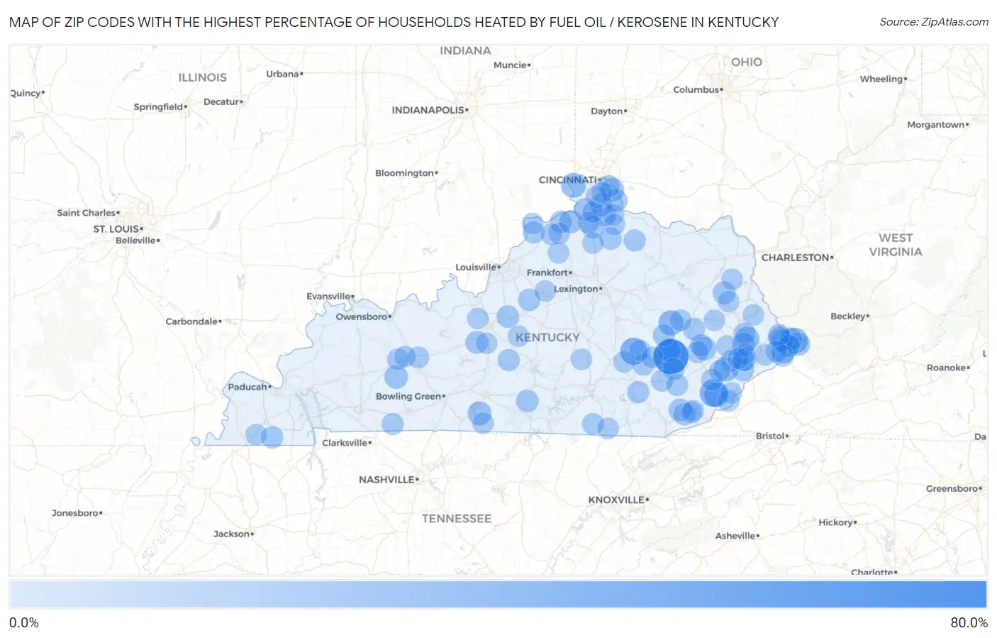 Zip Codes with the Highest Percentage of Households Heated by Fuel Oil / Kerosene in Kentucky Map