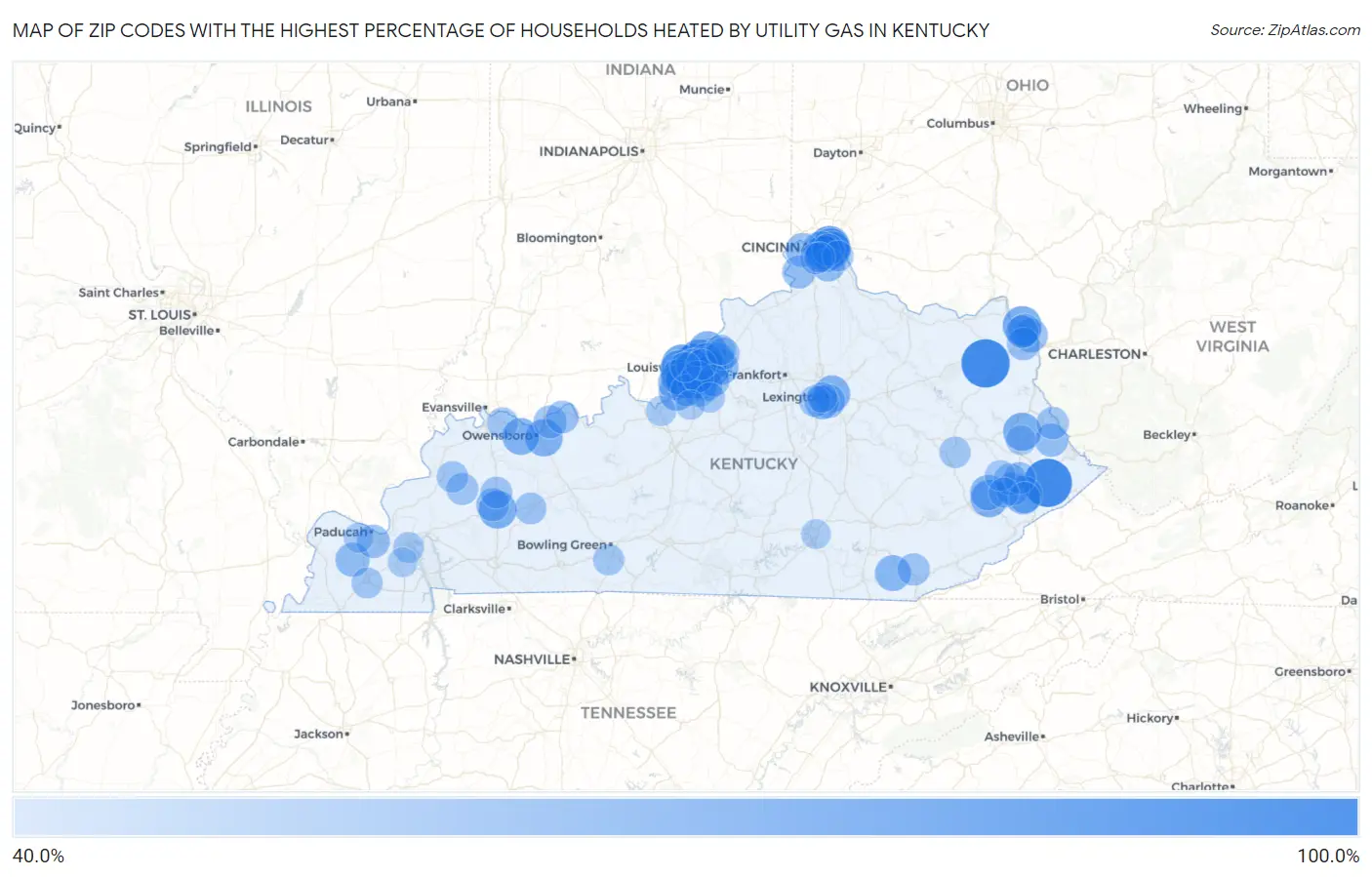 Zip Codes with the Highest Percentage of Households Heated by Utility Gas in Kentucky Map