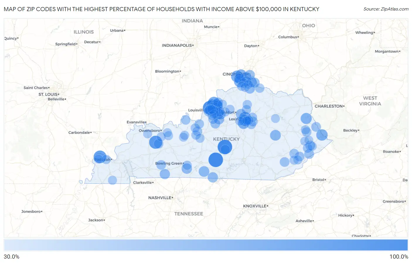 Zip Codes with the Highest Percentage of Households with Income Above $100,000 in Kentucky Map