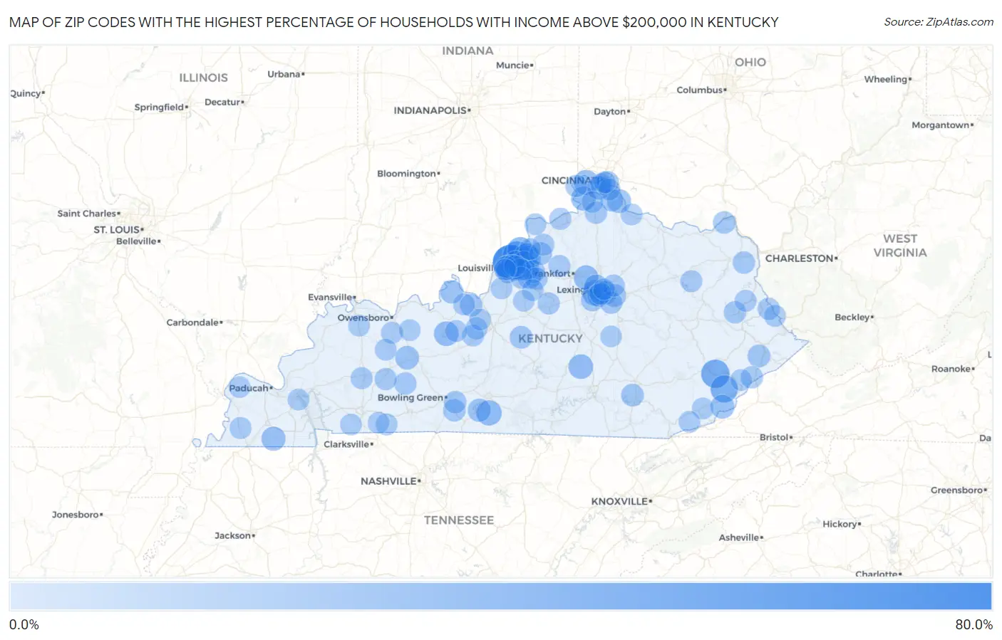 Zip Codes with the Highest Percentage of Households with Income Above $200,000 in Kentucky Map