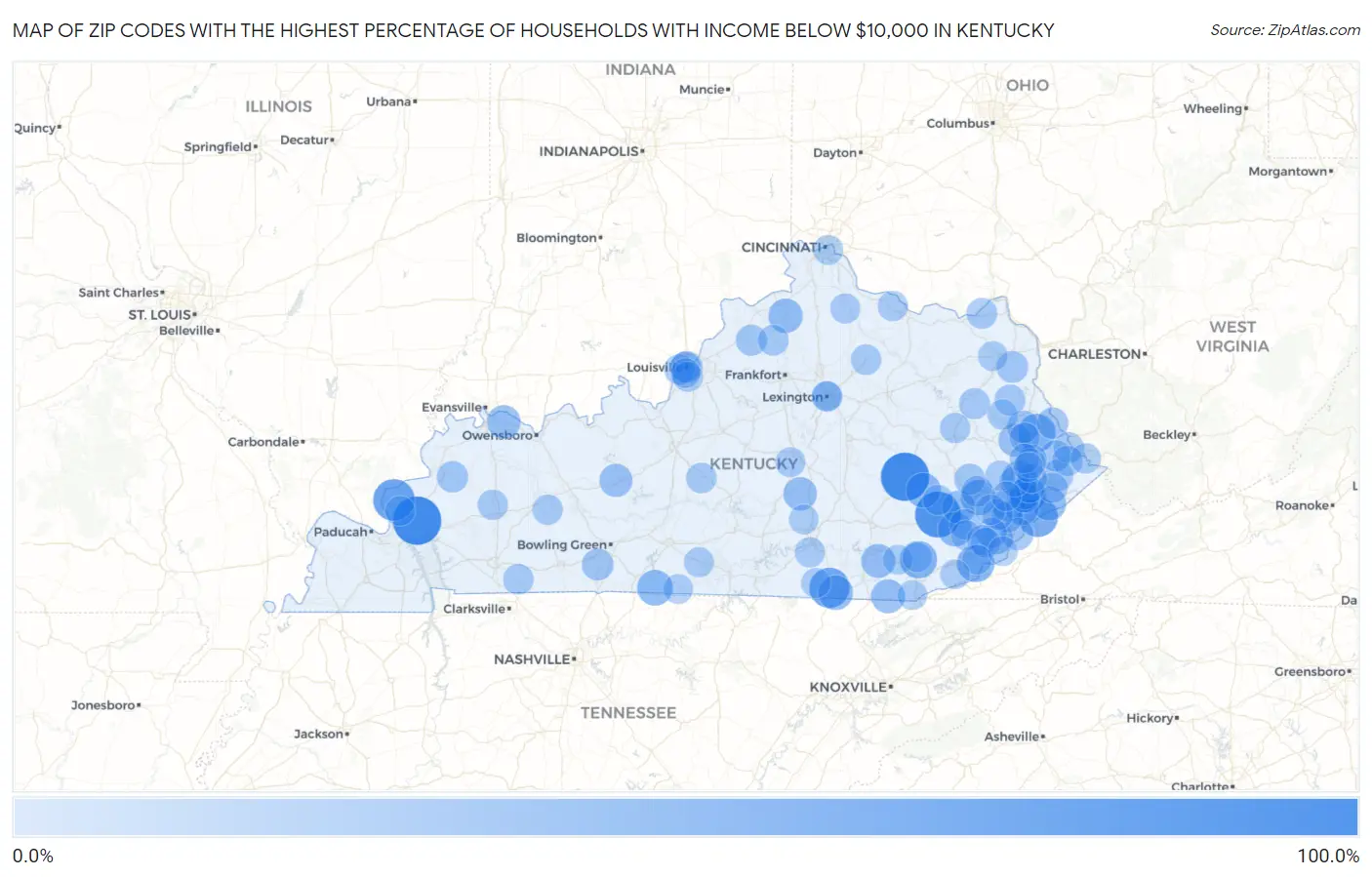 Zip Codes with the Highest Percentage of Households with Income Below $10,000 in Kentucky Map