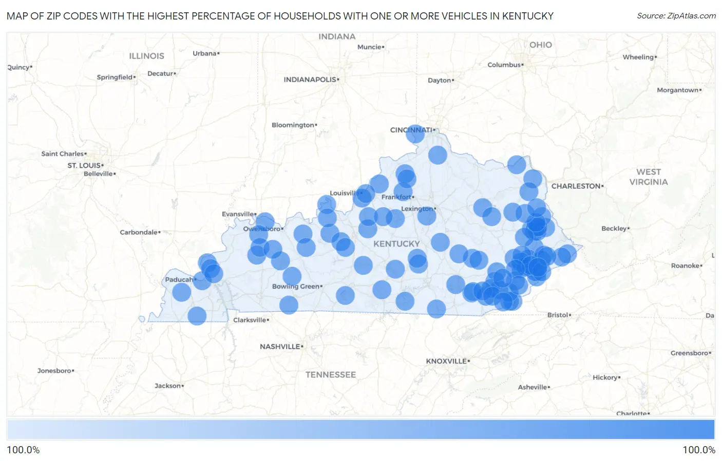 Zip Codes with the Highest Percentage of Households With One or more Vehicles in Kentucky Map