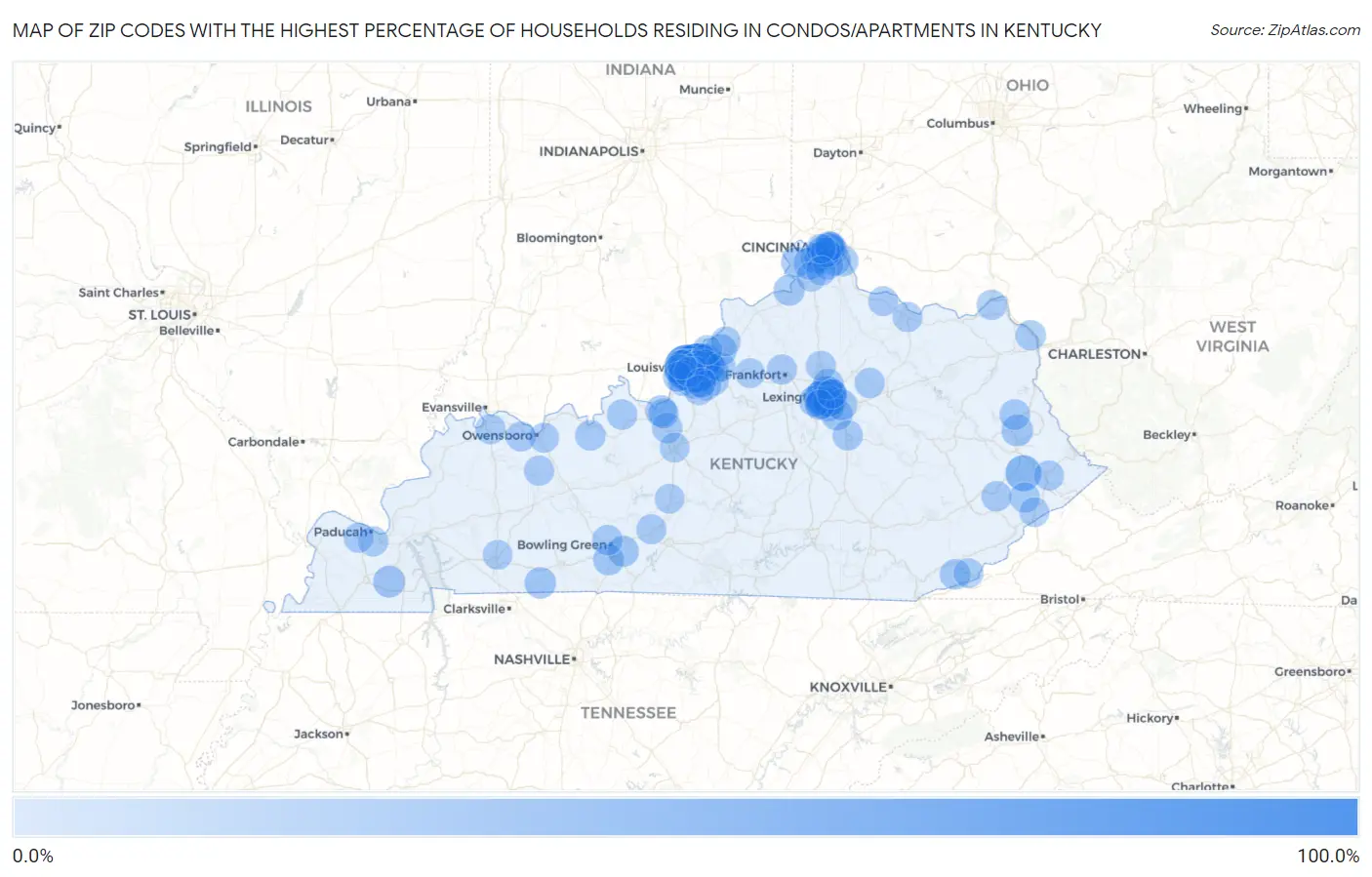 Zip Codes with the Highest Percentage of Households Residing in Condos/Apartments in Kentucky Map