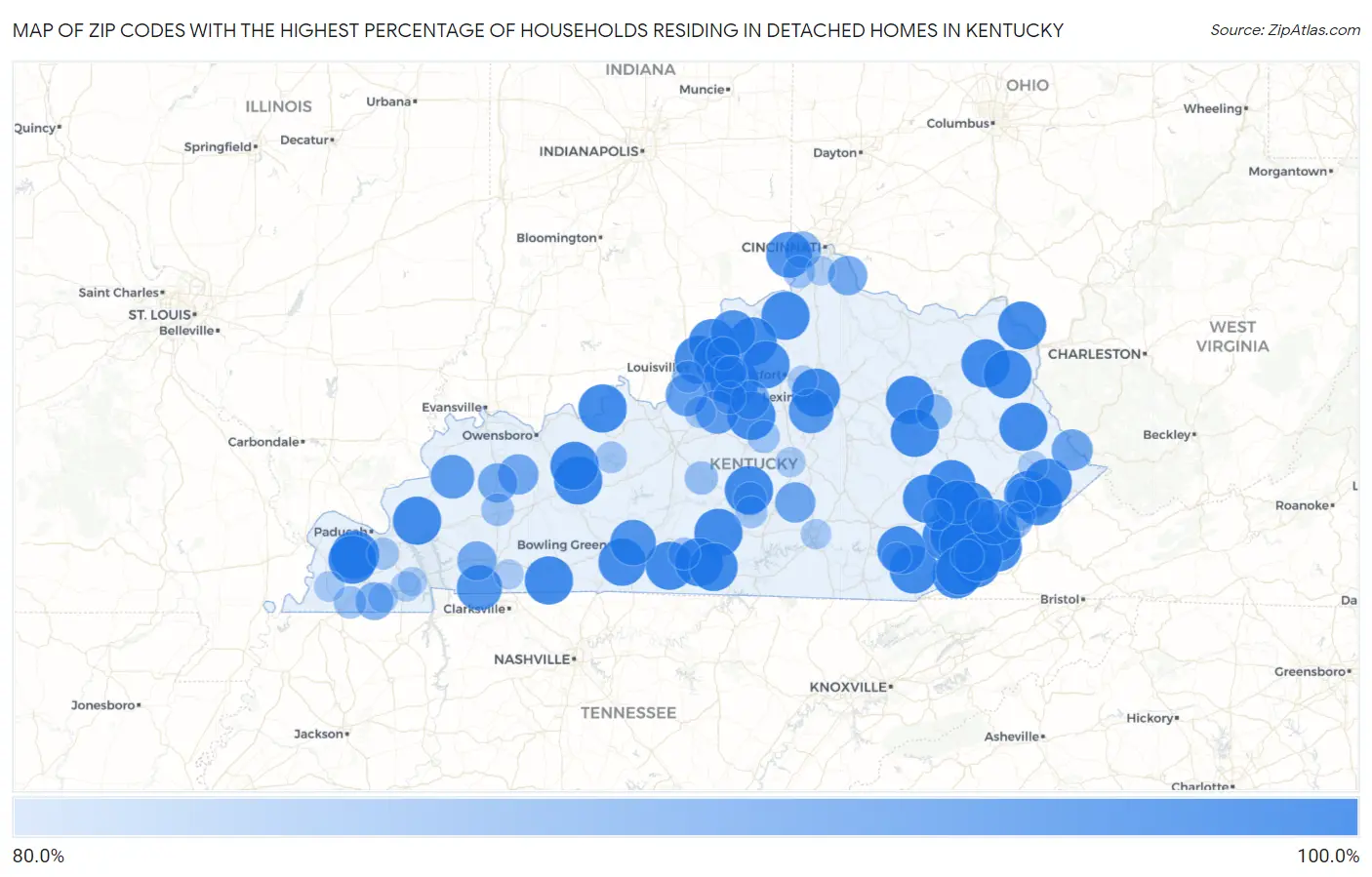 Zip Codes with the Highest Percentage of Households Residing in Detached Homes in Kentucky Map