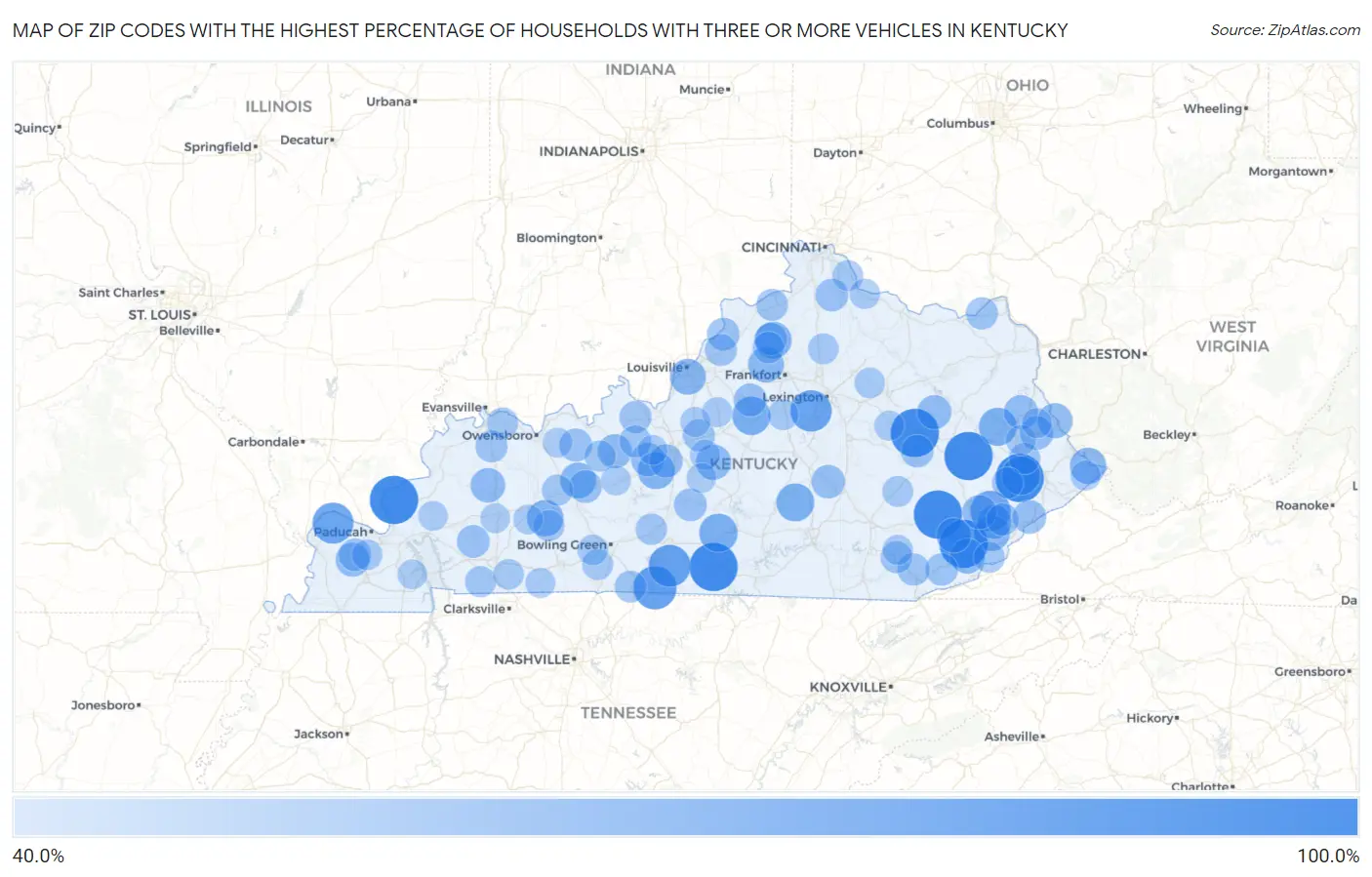 Zip Codes with the Highest Percentage of Households With Three or more Vehicles in Kentucky Map