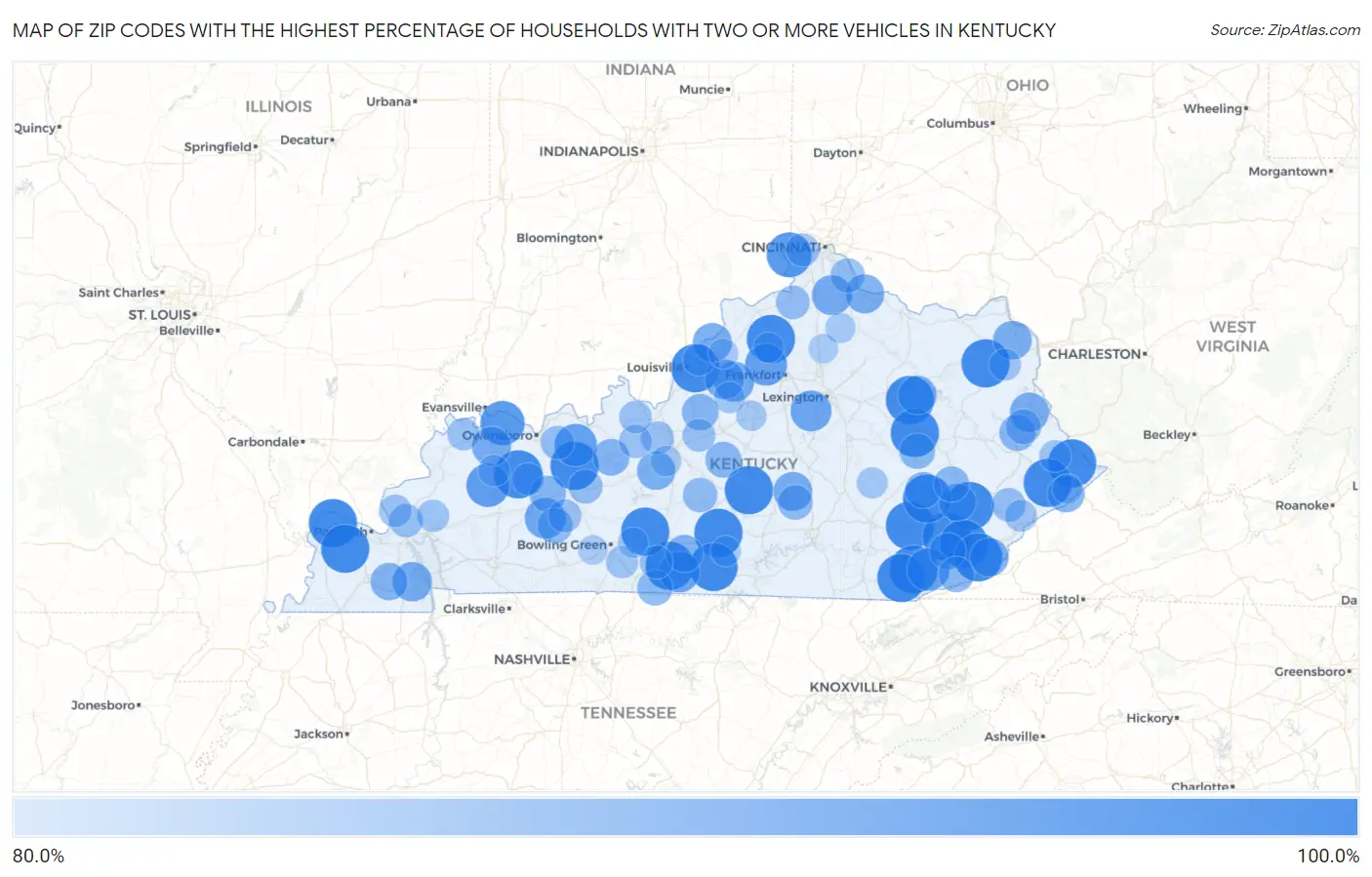 Zip Codes with the Highest Percentage of Households With Two or more Vehicles in Kentucky Map