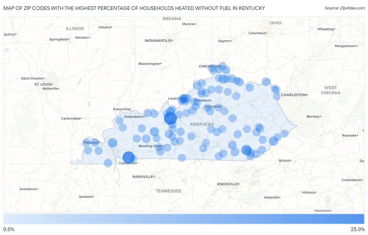 Zip Codes with the Highest Percentage of Households Heated without Fuel in Kentucky Map