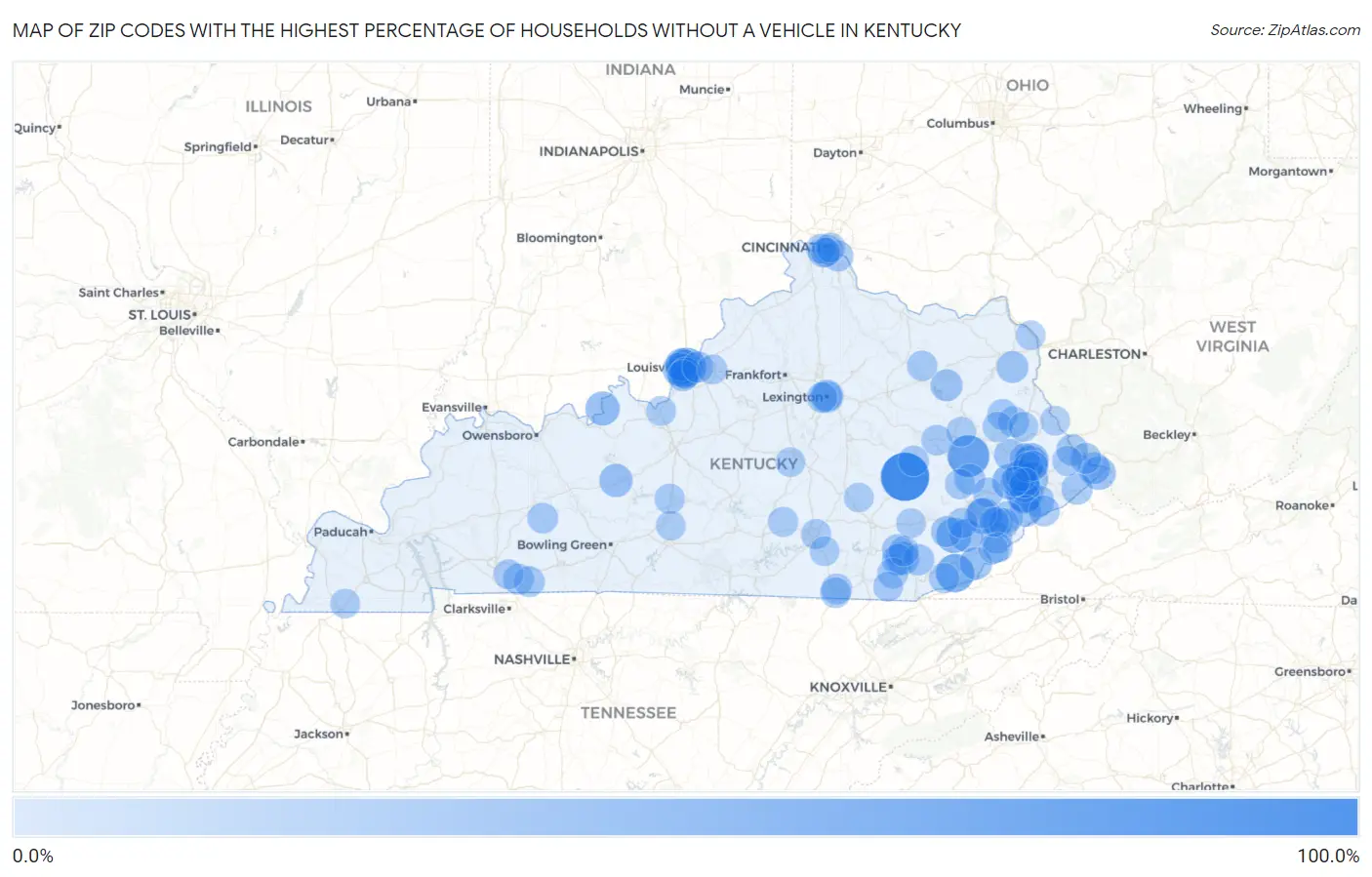 Zip Codes with the Highest Percentage of Households Without a Vehicle in Kentucky Map