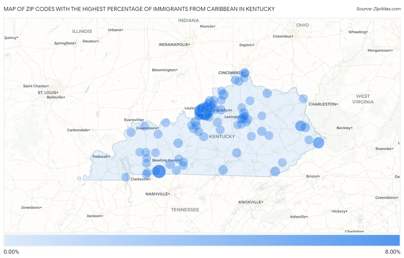 Zip Codes with the Highest Percentage of Immigrants from Caribbean in Kentucky Map