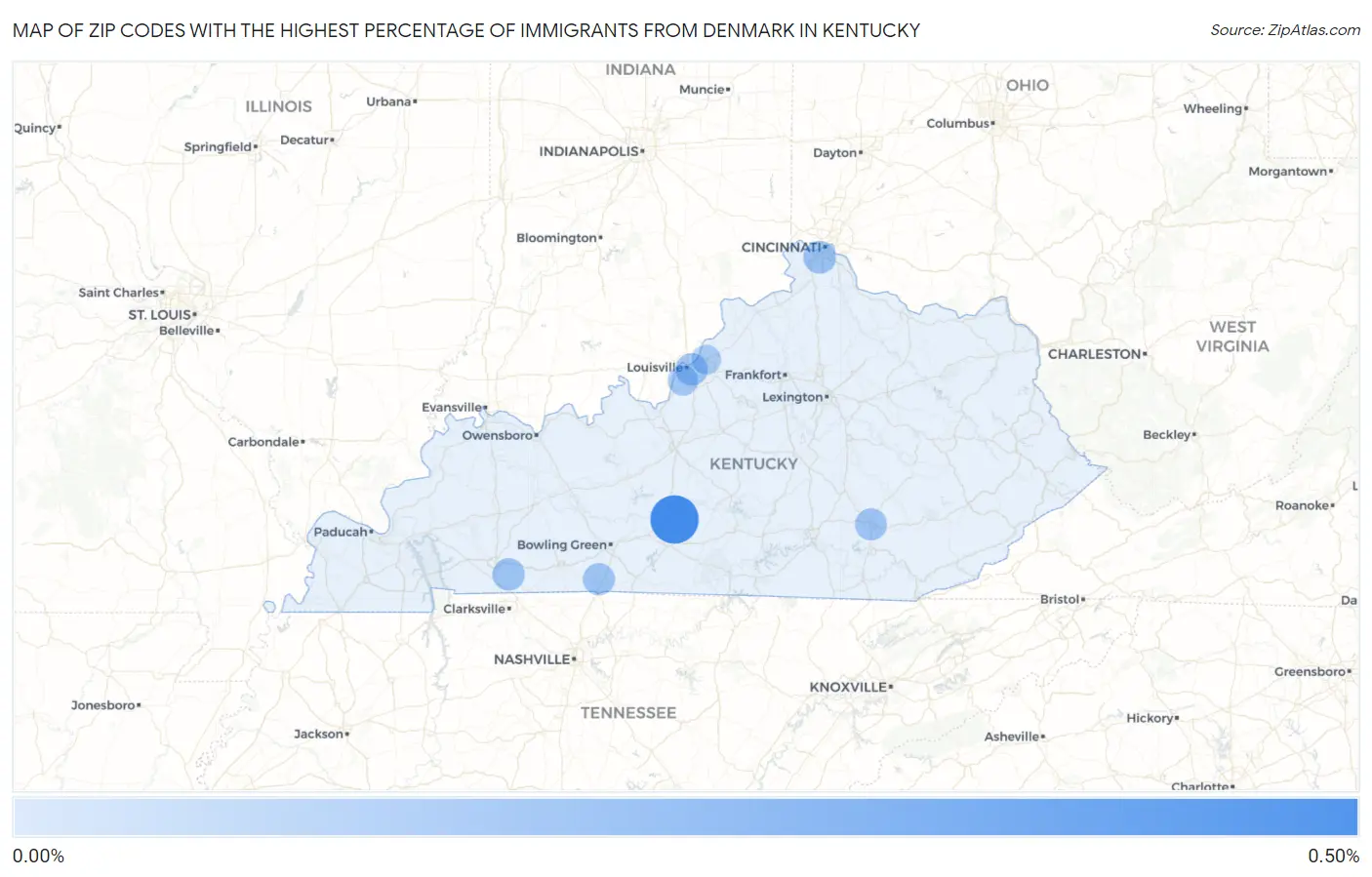 Zip Codes with the Highest Percentage of Immigrants from Denmark in Kentucky Map