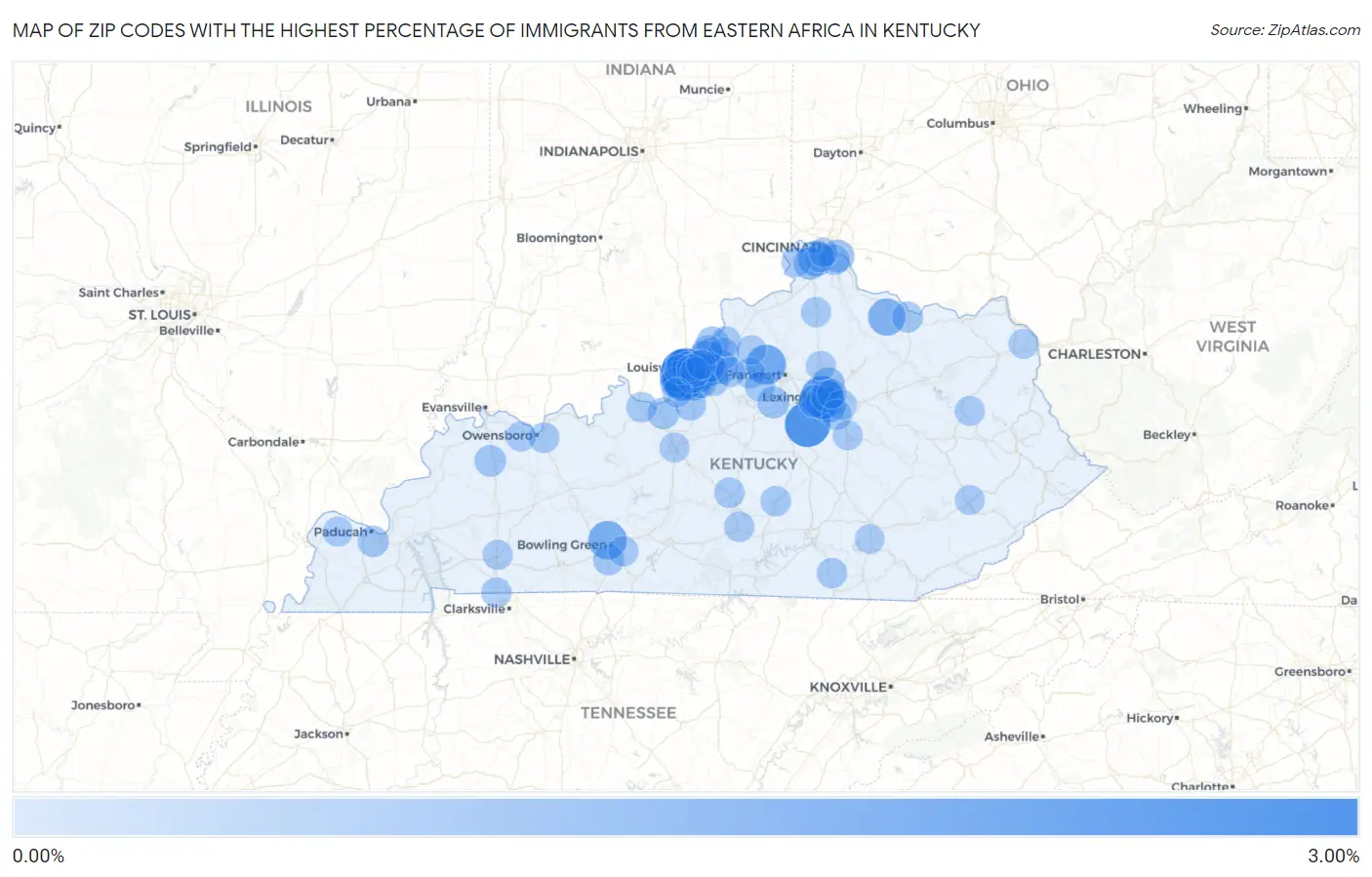 Zip Codes with the Highest Percentage of Immigrants from Eastern Africa in Kentucky Map