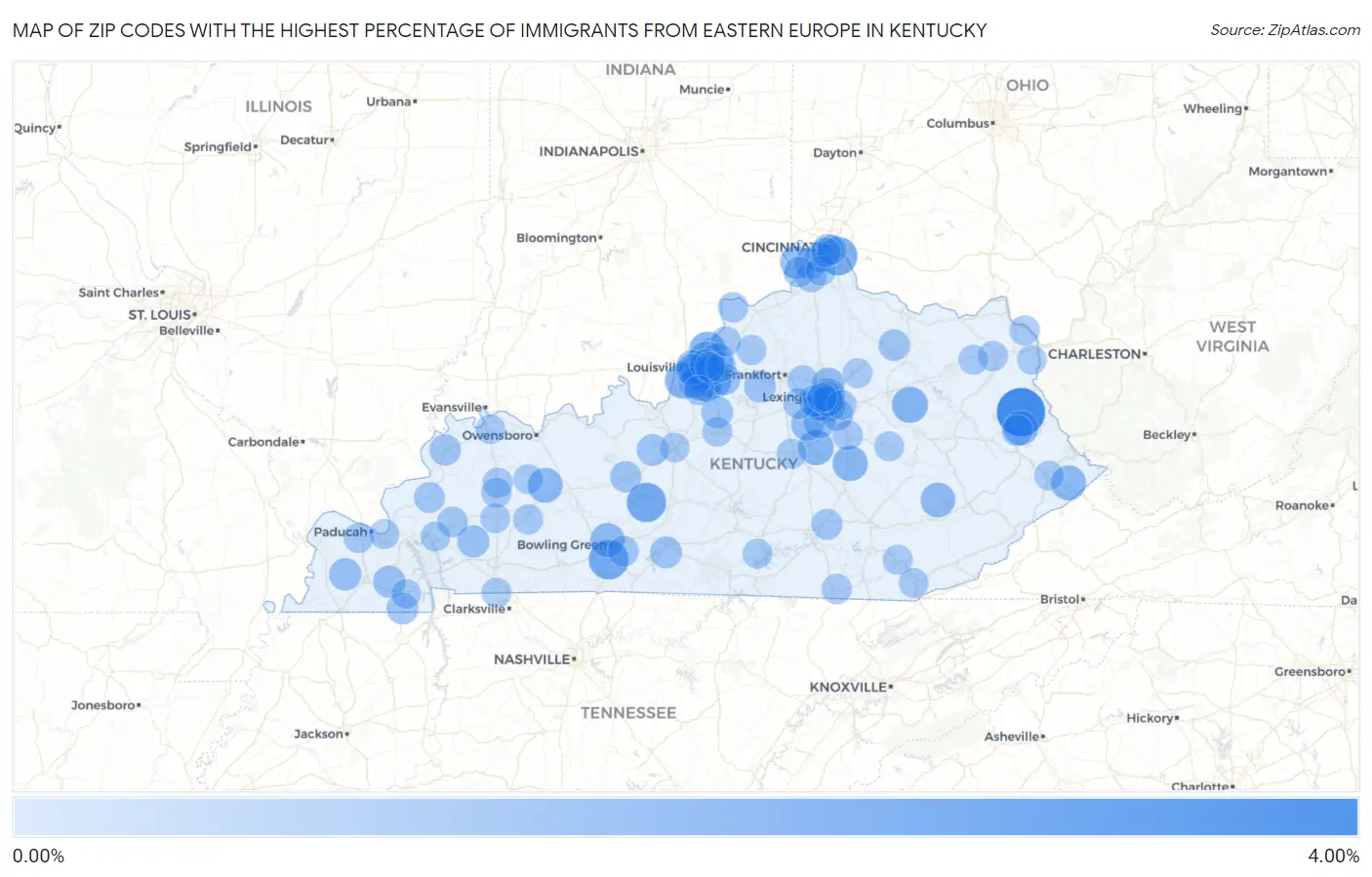 Zip Codes with the Highest Percentage of Immigrants from Eastern Europe in Kentucky Map