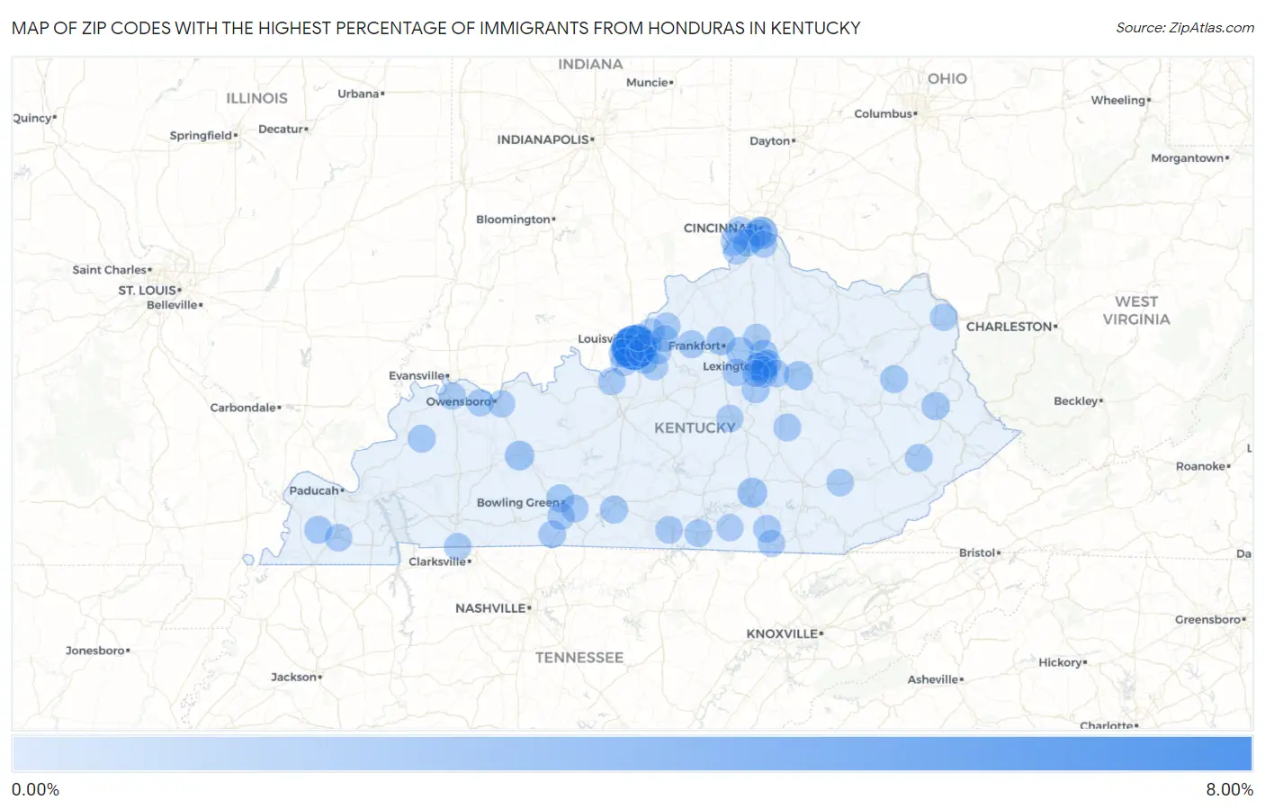 Zip Codes with the Highest Percentage of Immigrants from Honduras in Kentucky Map