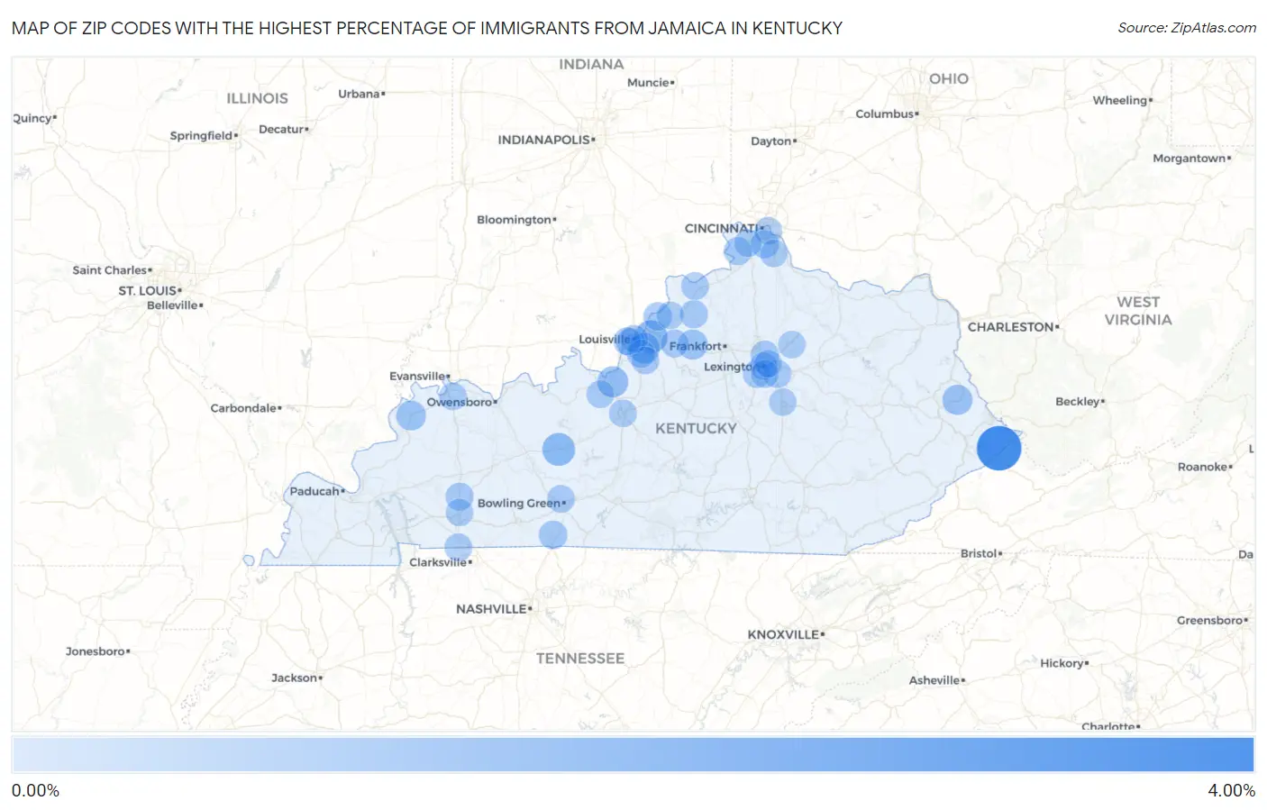 Zip Codes with the Highest Percentage of Immigrants from Jamaica in Kentucky Map