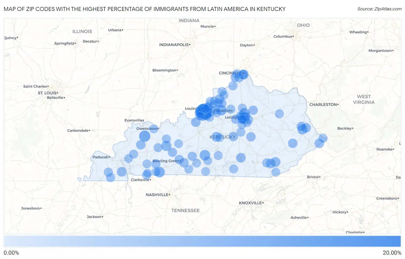 Zip Codes with the Highest Percentage of Immigrants from Latin America in Kentucky Map