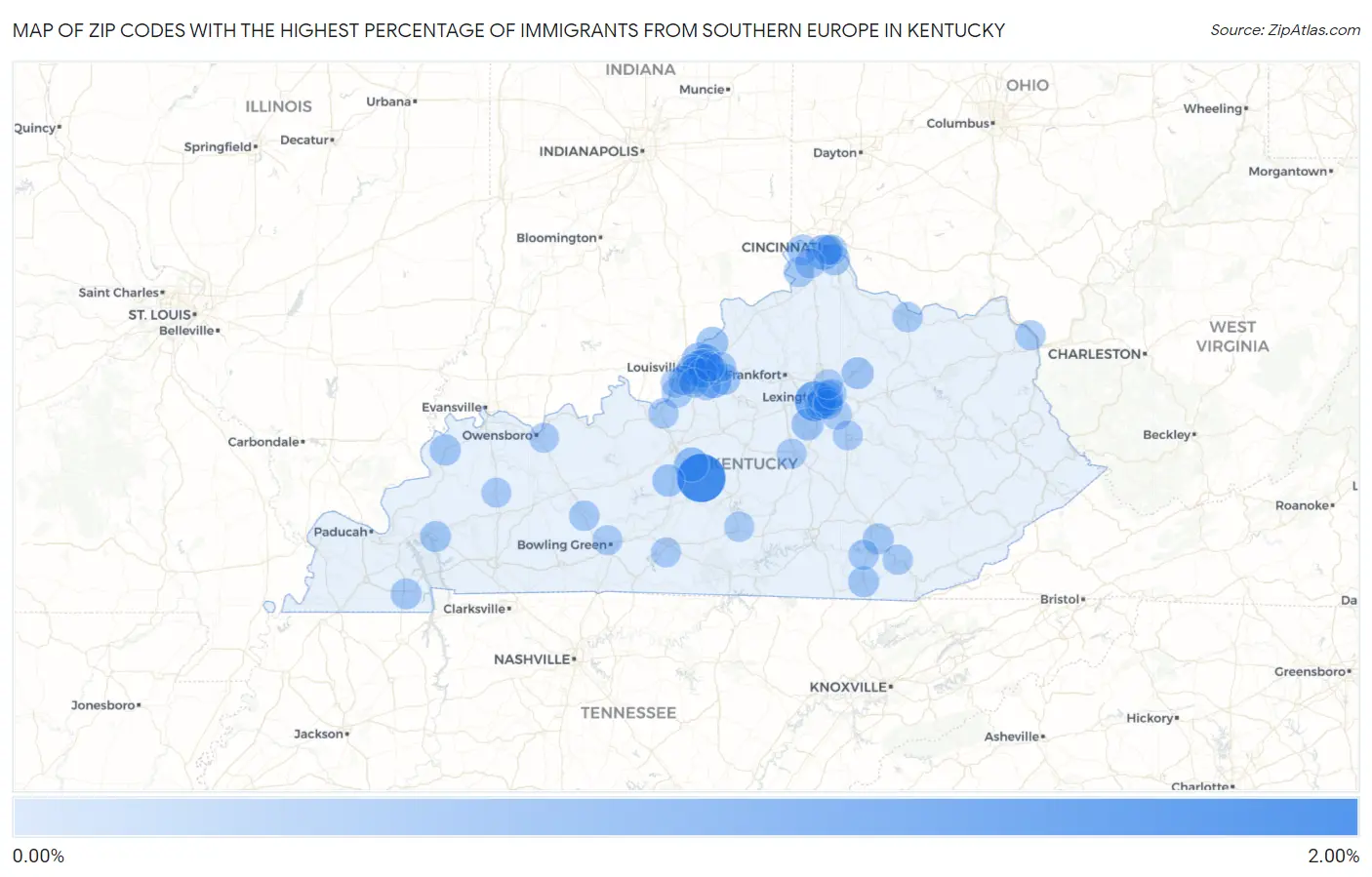 Zip Codes with the Highest Percentage of Immigrants from Southern Europe in Kentucky Map