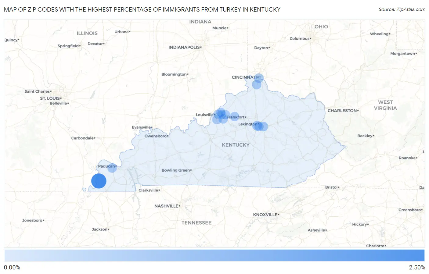 Zip Codes with the Highest Percentage of Immigrants from Turkey in Kentucky Map