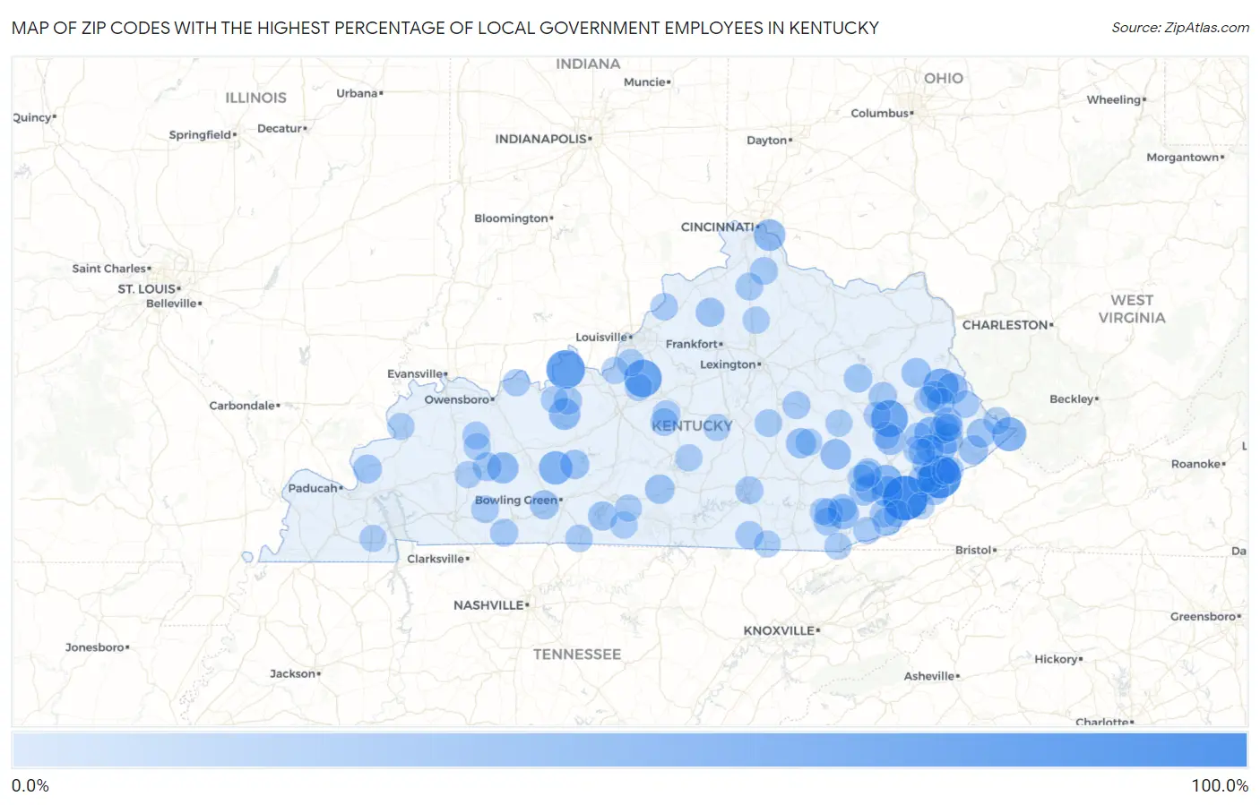 Zip Codes with the Highest Percentage of Local Government Employees in Kentucky Map