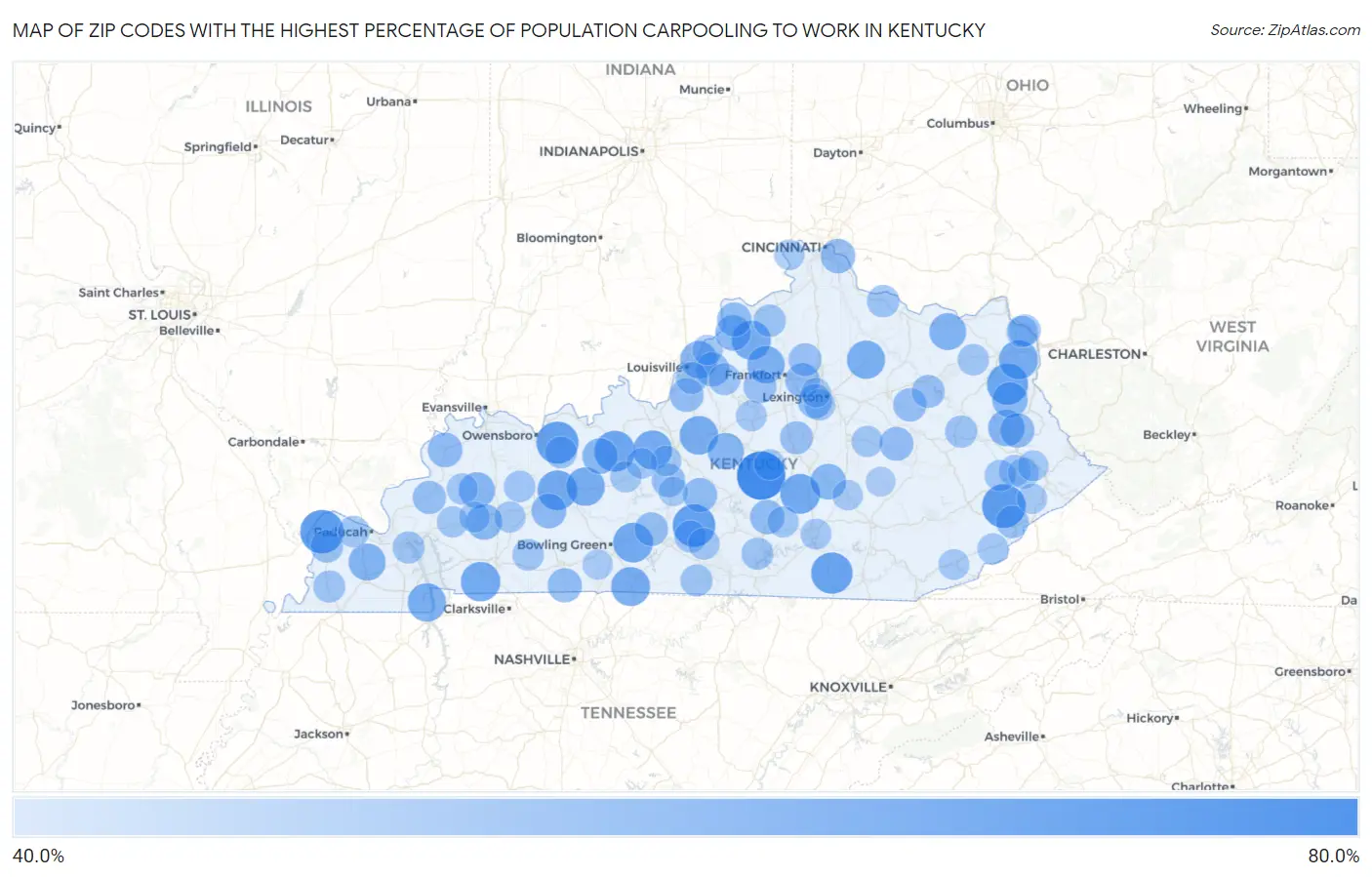 Zip Codes with the Highest Percentage of Population Carpooling to Work in Kentucky Map