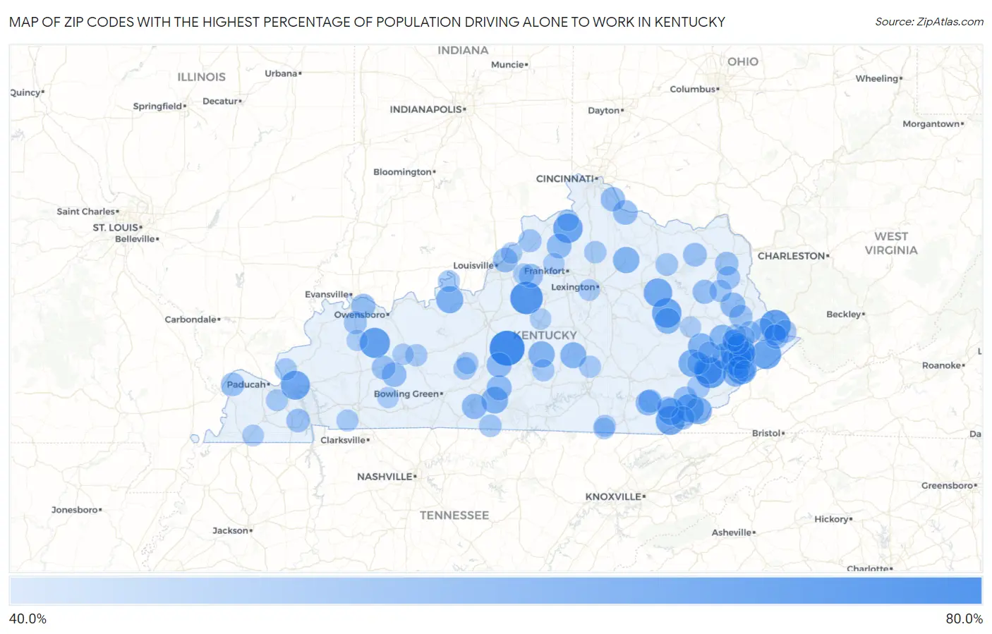 Zip Codes with the Highest Percentage of Population Driving Alone to Work in Kentucky Map