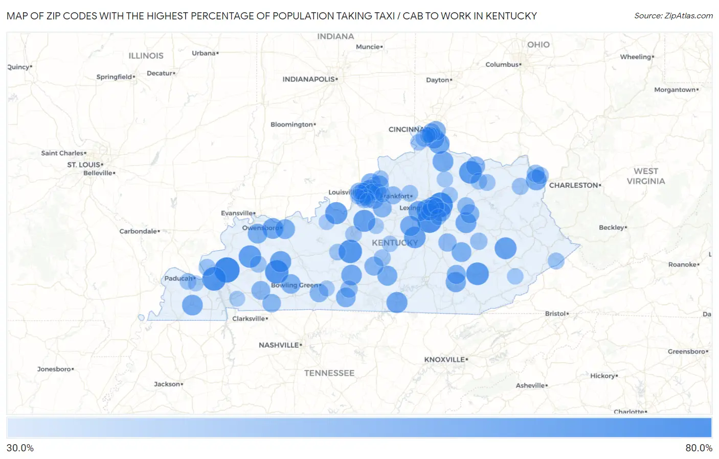 Zip Codes with the Highest Percentage of Population Taking Taxi / Cab to Work in Kentucky Map