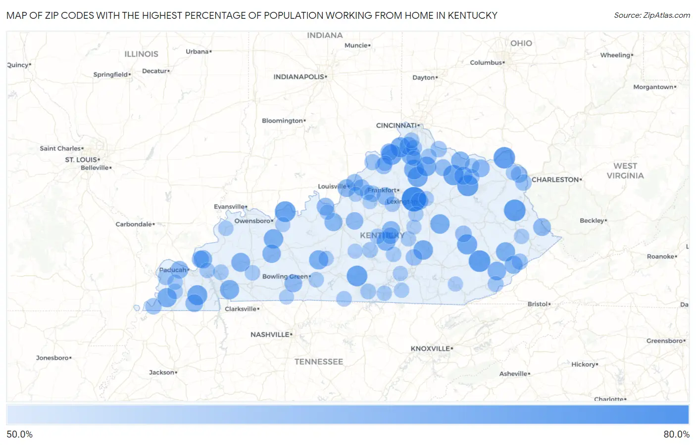 Zip Codes with the Highest Percentage of Population Working from Home in Kentucky Map