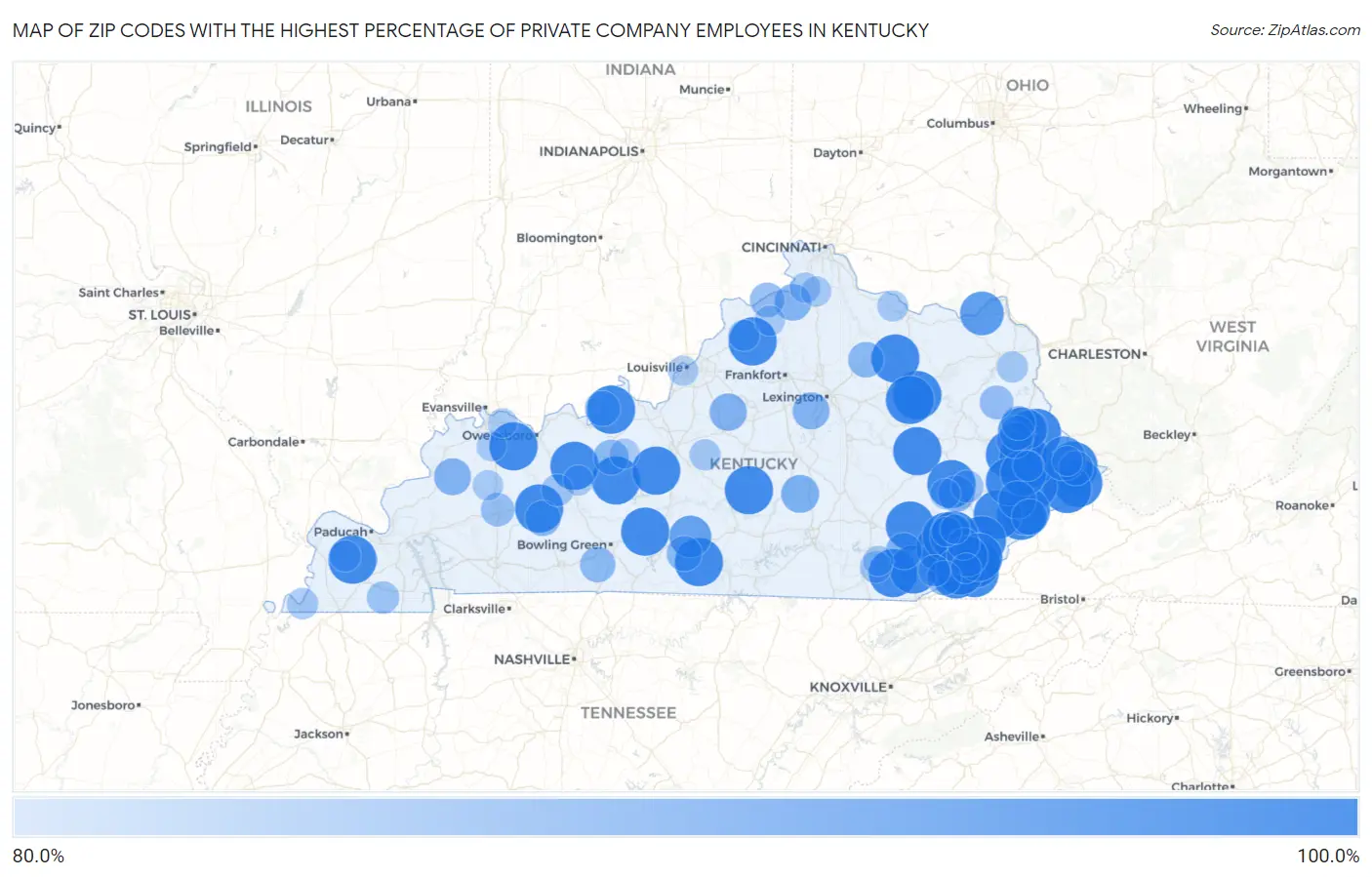 Zip Codes with the Highest Percentage of Private Company Employees in Kentucky Map