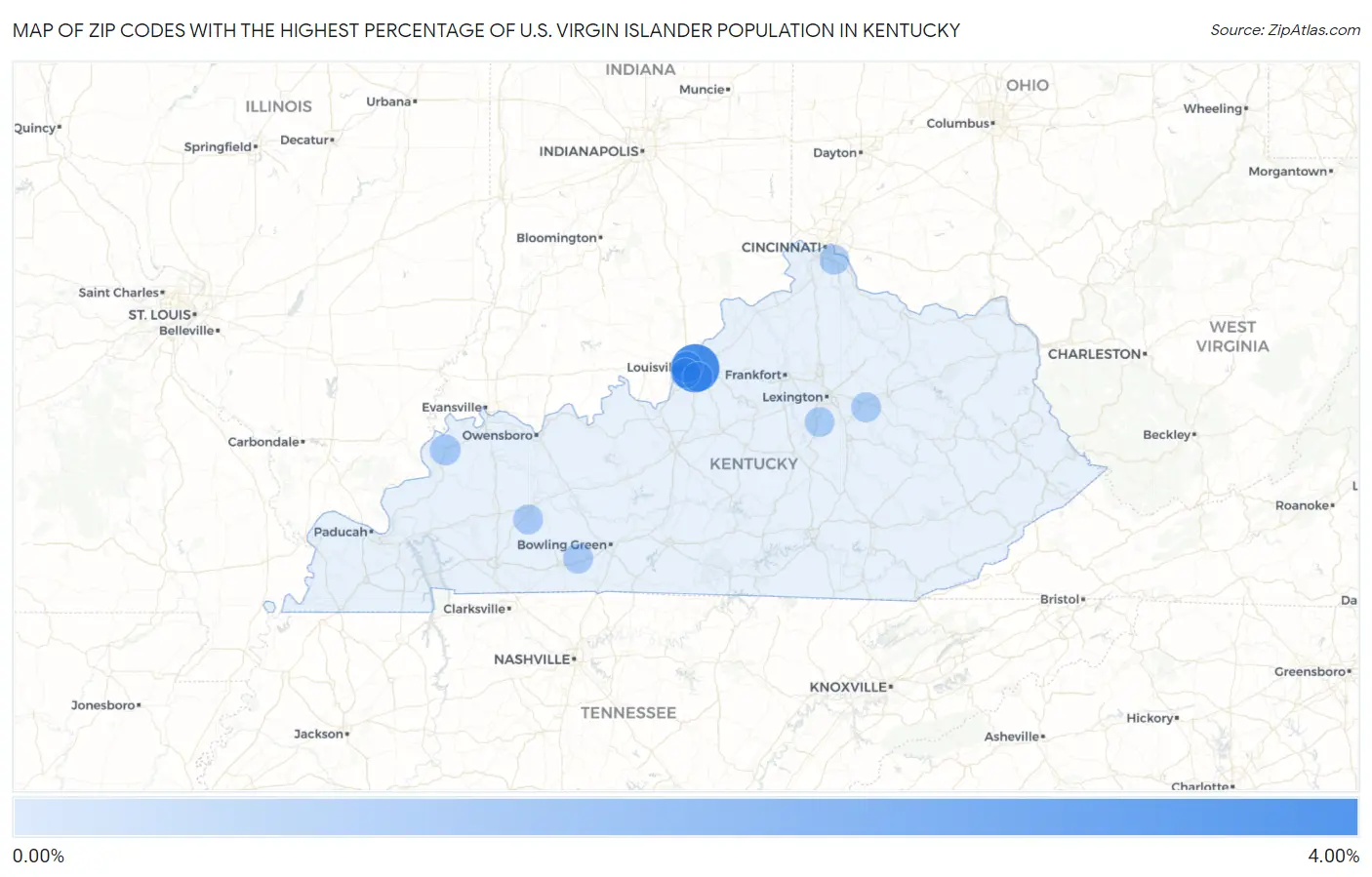 Zip Codes with the Highest Percentage of U.S. Virgin Islander Population in Kentucky Map