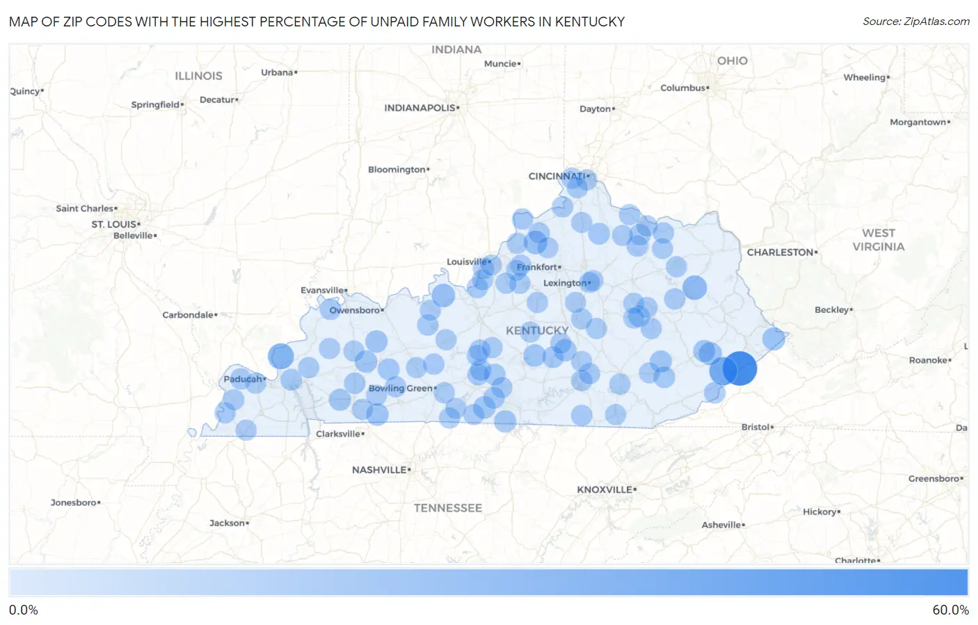 Zip Codes with the Highest Percentage of Unpaid Family Workers in Kentucky Map