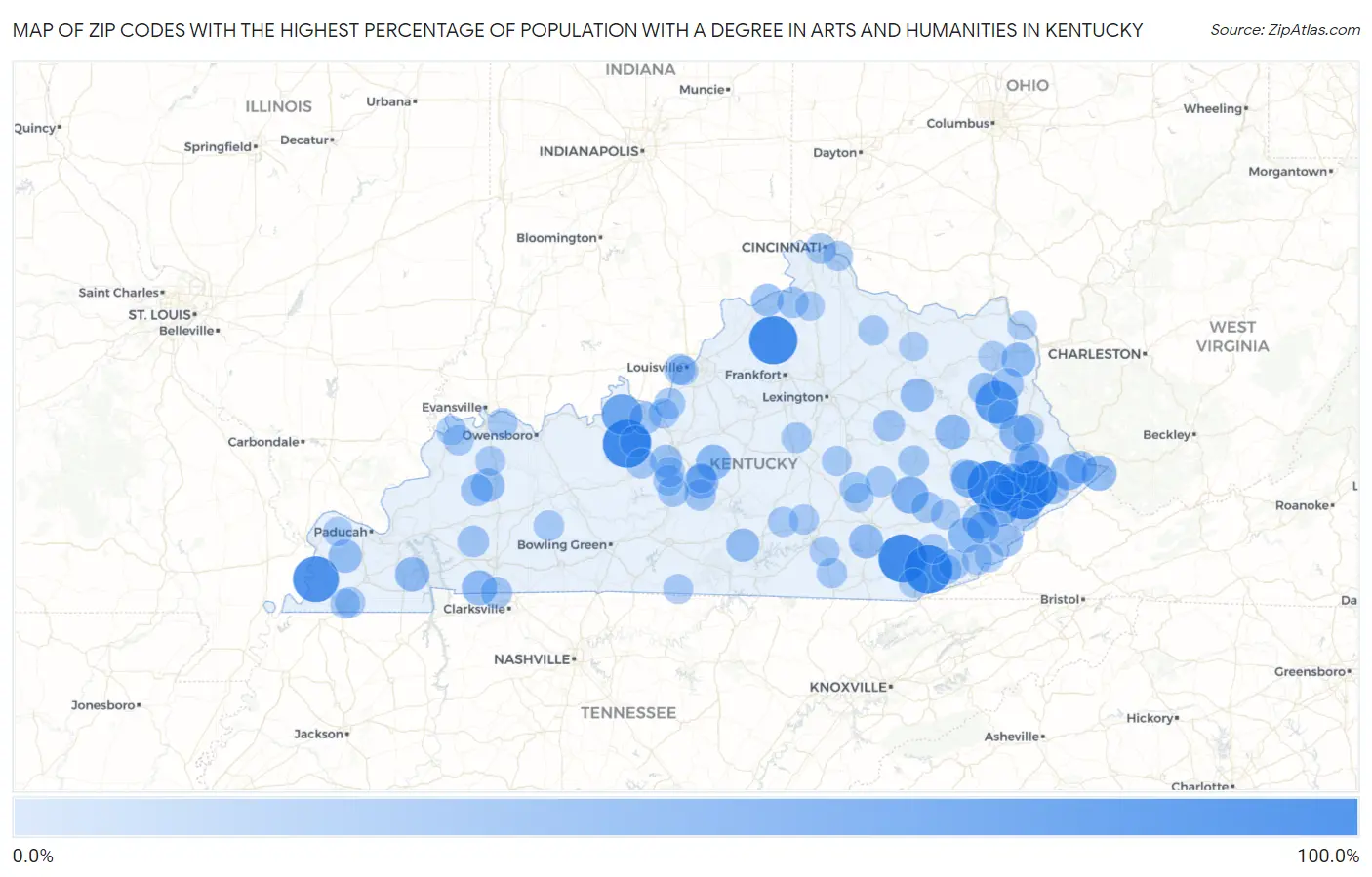 Zip Codes with the Highest Percentage of Population with a Degree in Arts and Humanities in Kentucky Map