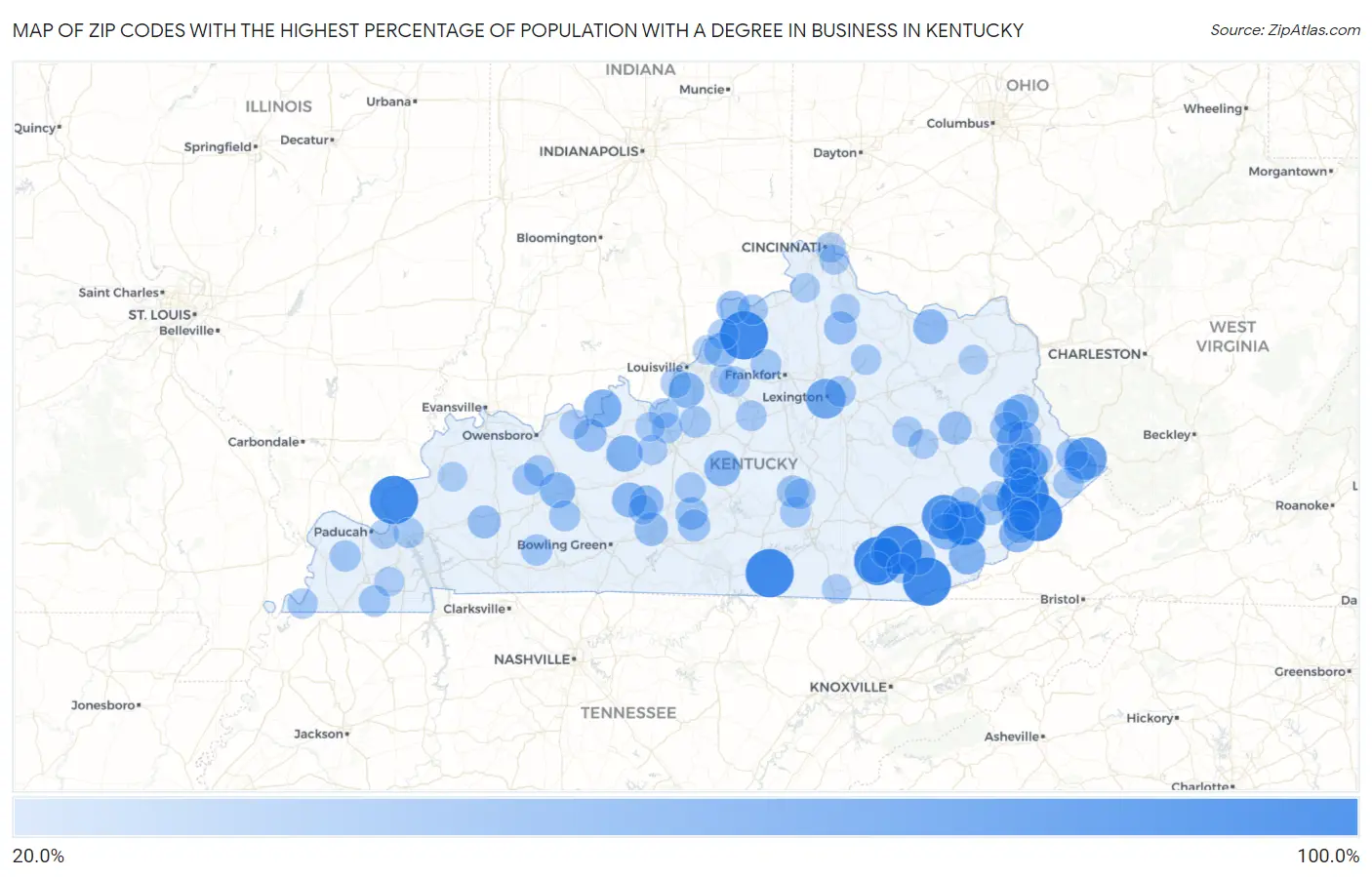 Zip Codes with the Highest Percentage of Population with a Degree in Business in Kentucky Map
