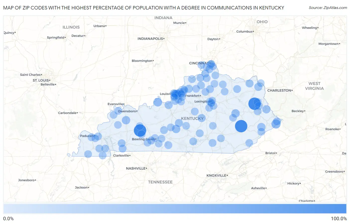 Zip Codes with the Highest Percentage of Population with a Degree in Communications in Kentucky Map