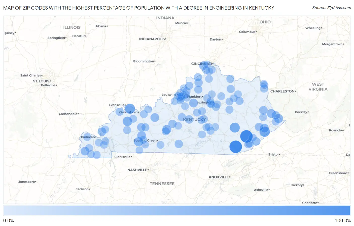 Zip Codes with the Highest Percentage of Population with a Degree in Engineering in Kentucky Map