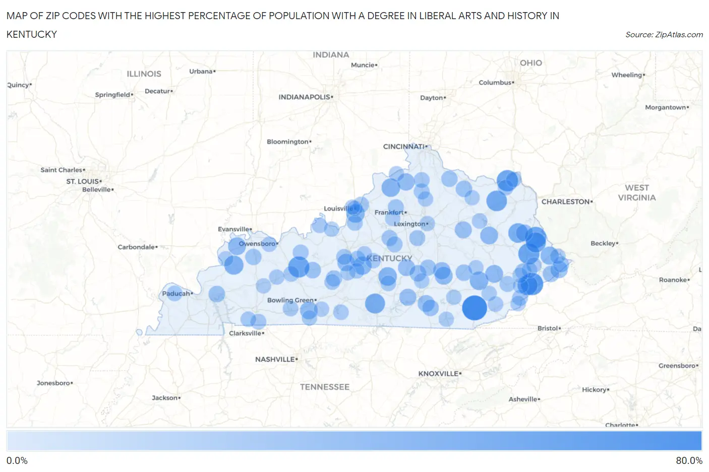 Zip Codes with the Highest Percentage of Population with a Degree in Liberal Arts and History in Kentucky Map