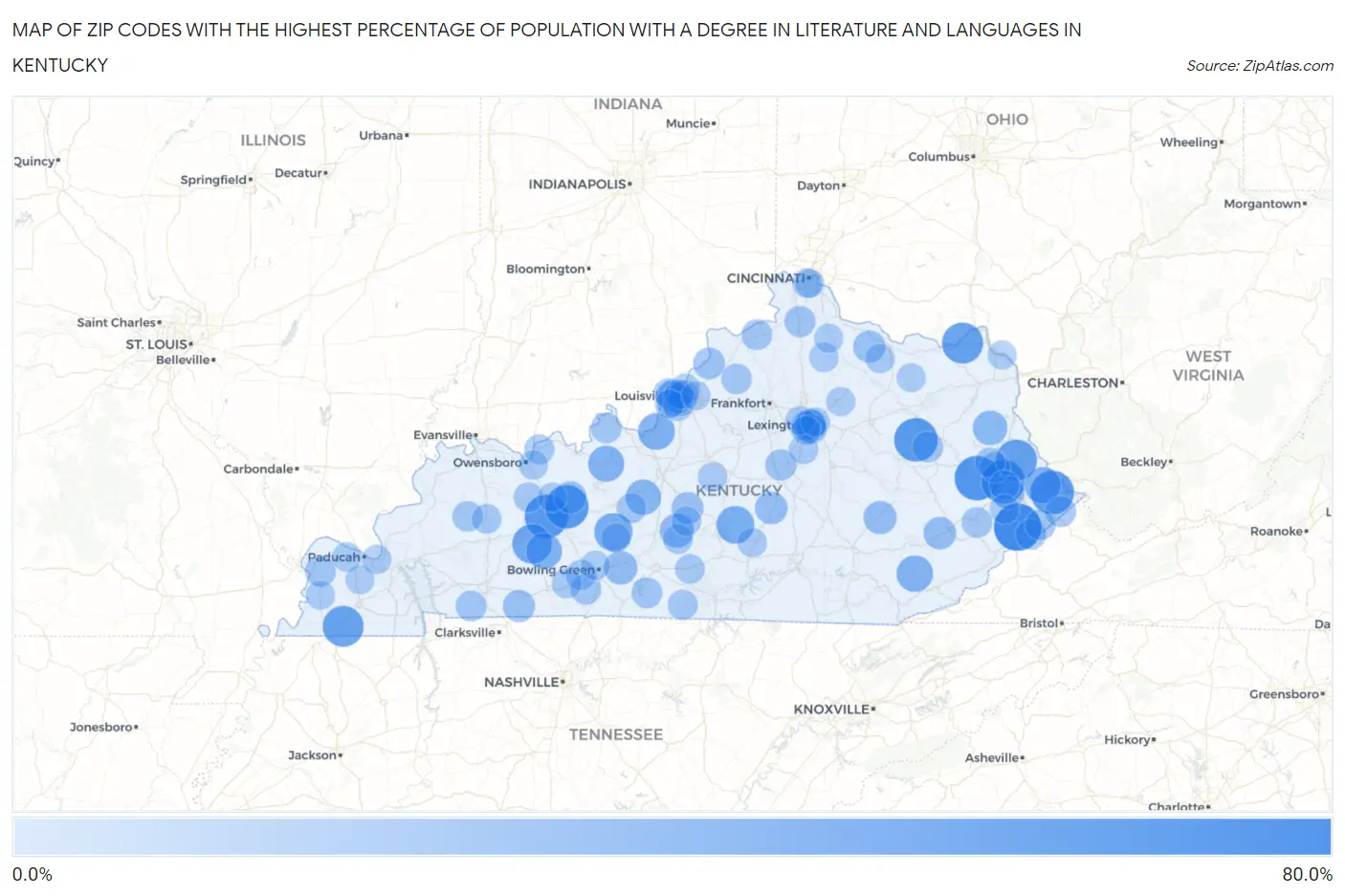 Zip Codes with the Highest Percentage of Population with a Degree in Literature and Languages in Kentucky Map