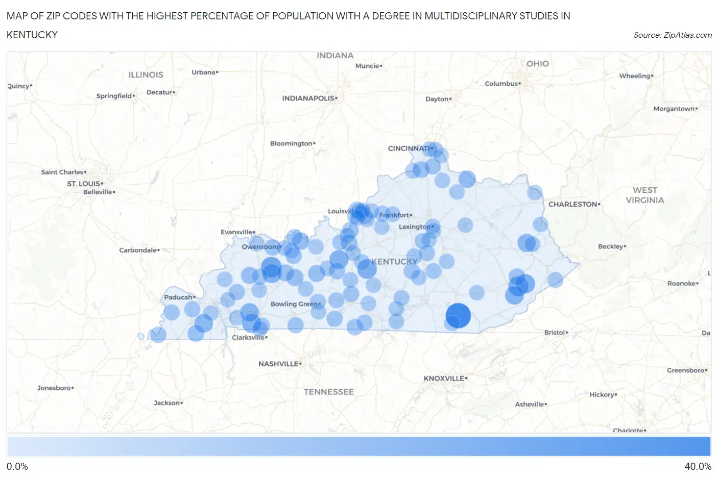 Zip Codes with the Highest Percentage of Population with a Degree in Multidisciplinary Studies in Kentucky Map
