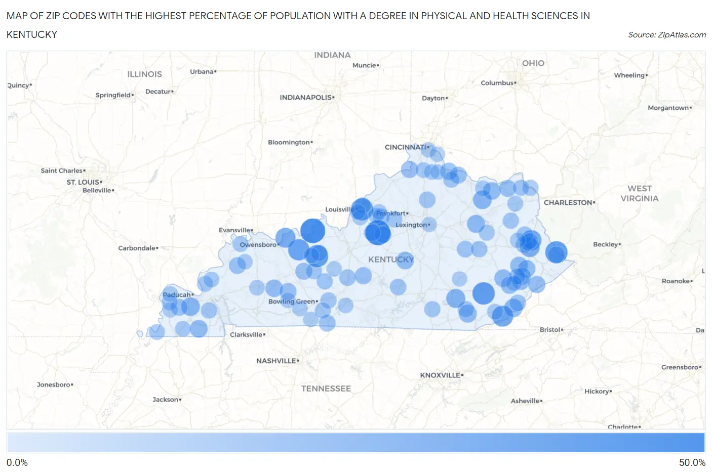 Zip Codes with the Highest Percentage of Population with a Degree in Physical and Health Sciences in Kentucky Map