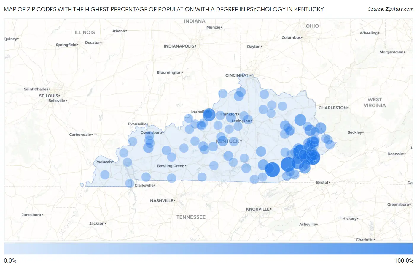 Zip Codes with the Highest Percentage of Population with a Degree in Psychology in Kentucky Map