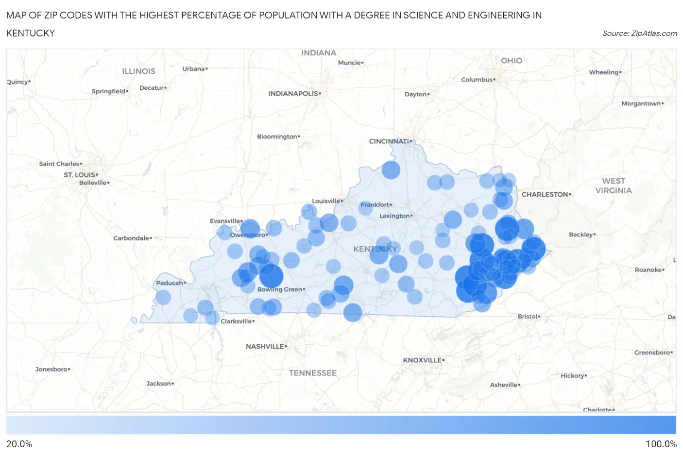 Zip Codes with the Highest Percentage of Population with a Degree in Science and Engineering in Kentucky Map