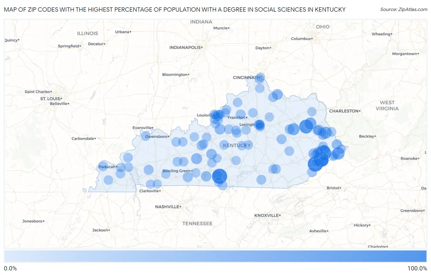 Zip Codes with the Highest Percentage of Population with a Degree in Social Sciences in Kentucky Map