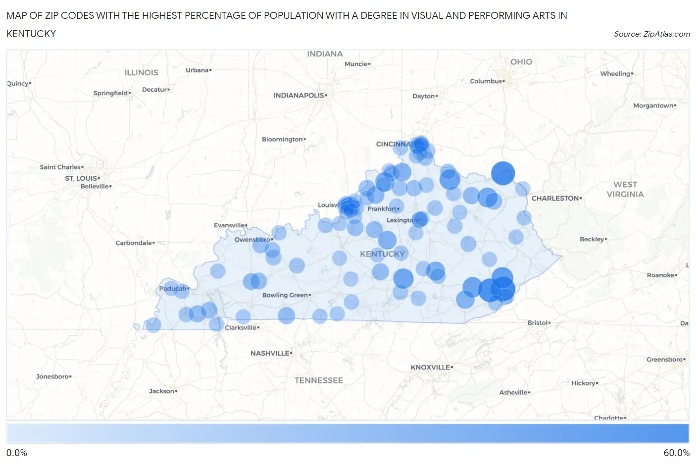 Zip Codes with the Highest Percentage of Population with a Degree in Visual and Performing Arts in Kentucky Map
