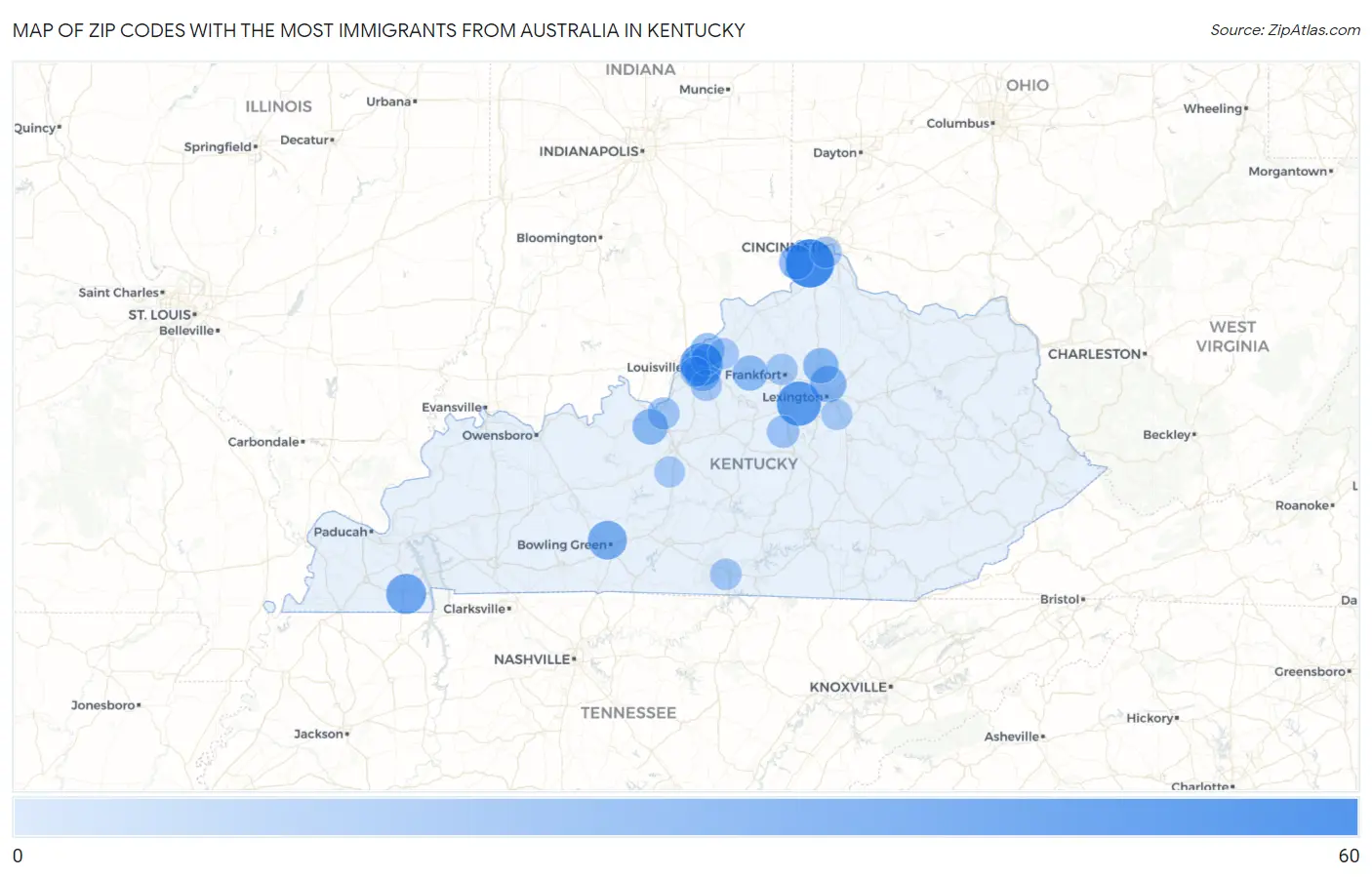 Zip Codes with the Most Immigrants from Australia in Kentucky Map