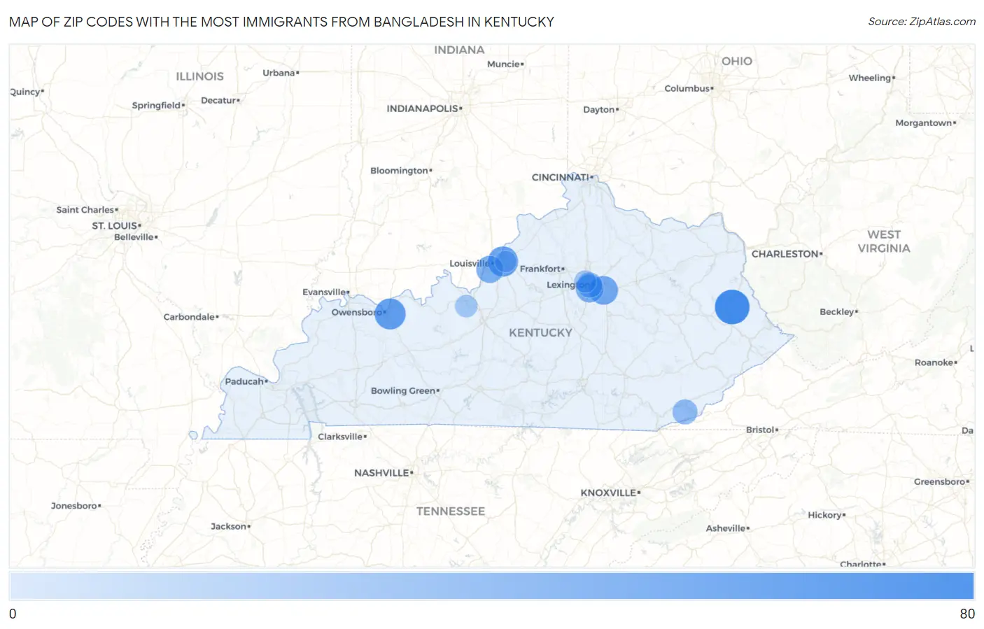 Zip Codes with the Most Immigrants from Bangladesh in Kentucky Map
