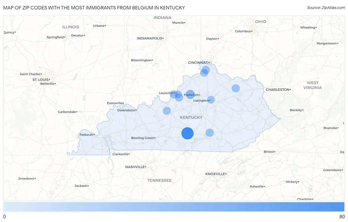 Zip Codes with the Most Immigrants from Belgium in Kentucky Map