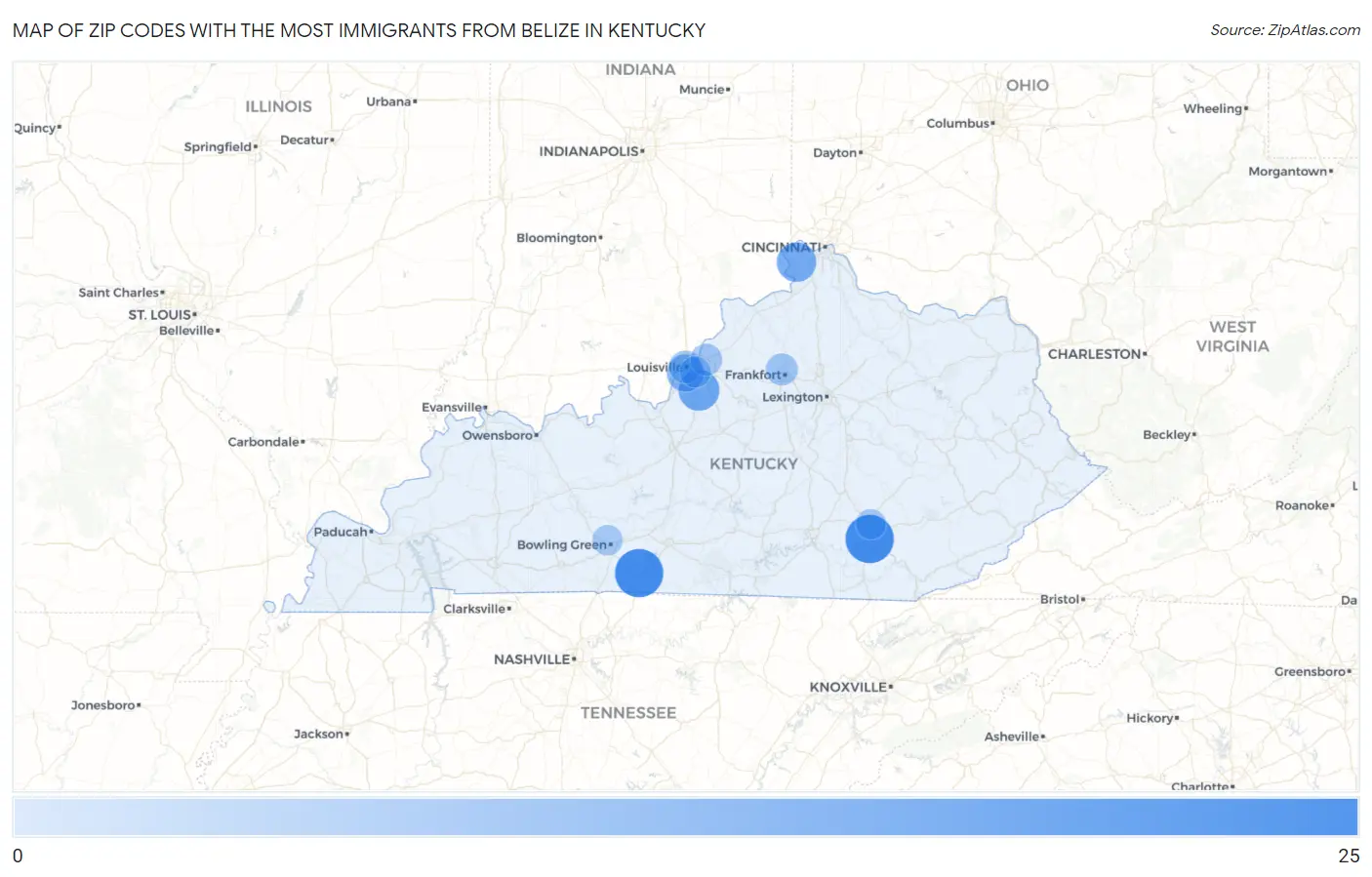 Zip Codes with the Most Immigrants from Belize in Kentucky Map